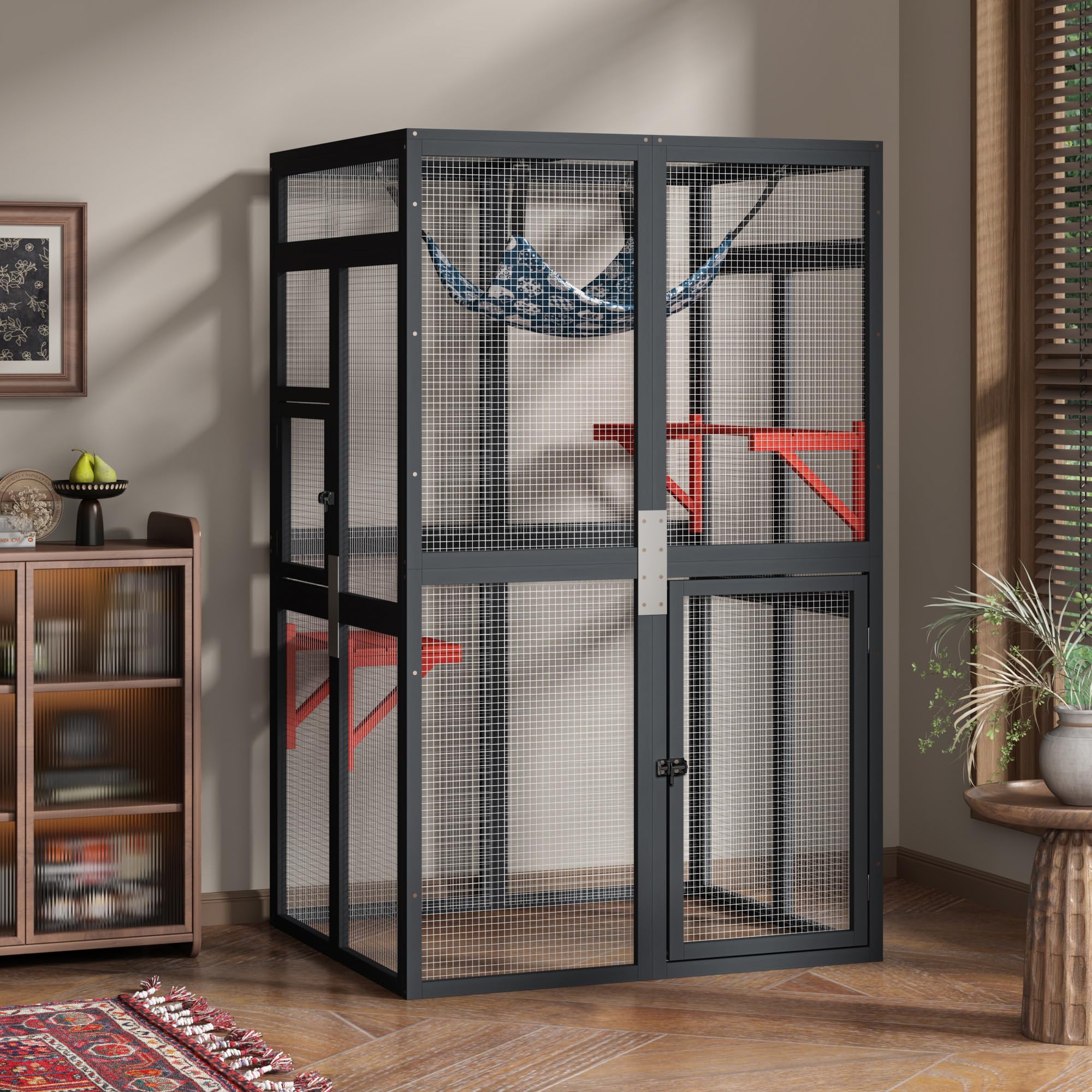 Drewniany katencatio, wyposażenie zewnętrzne dla kotów, drewniany domek dla kotów z 3 platformami, deska do opalania, hamak, drzwi, kondominium klatki dla kotków, burlywood, moda gotycka