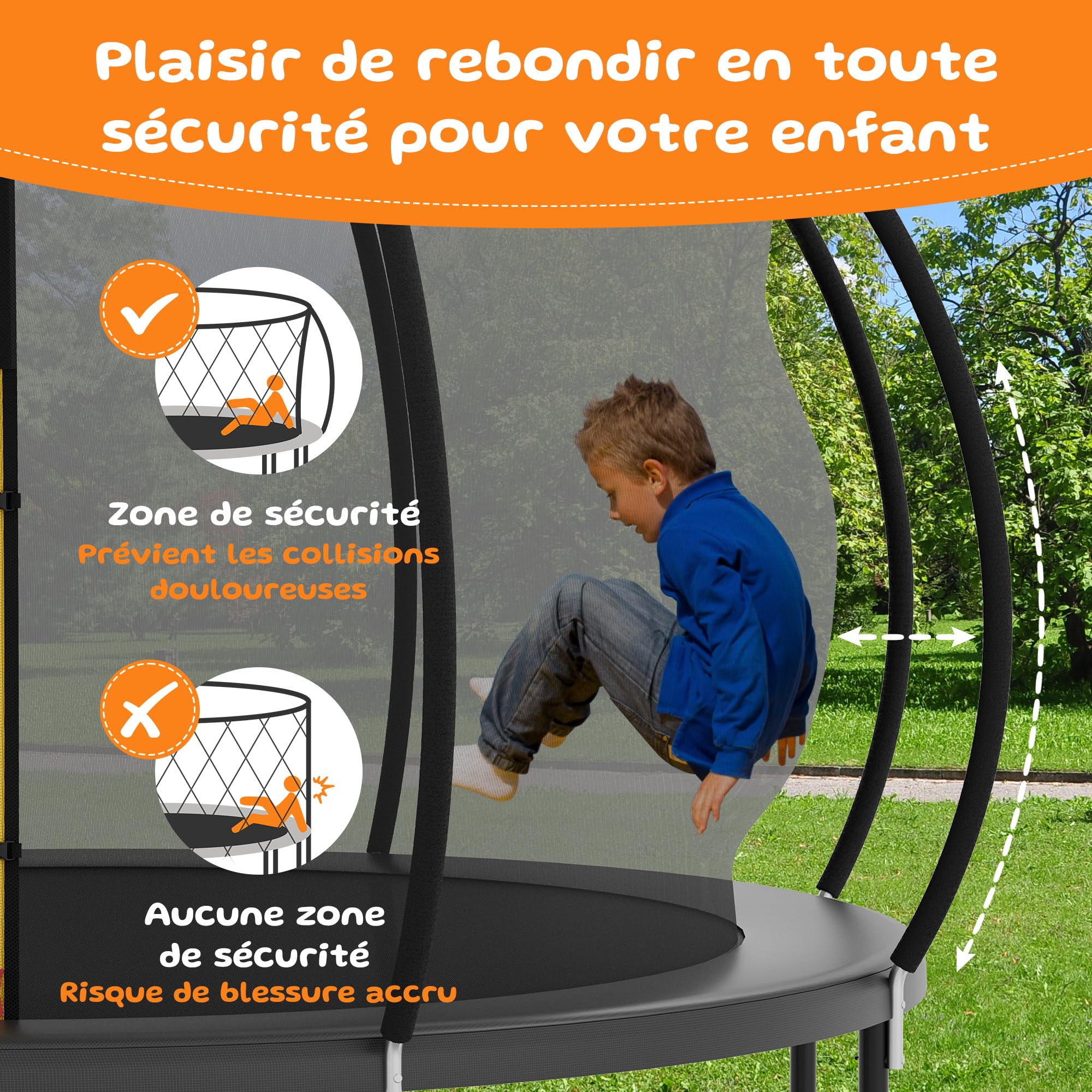 Trampoline Extérieur Ø 222/305/366/427 cm, Trampoline Extérieur Enfant, avec Filet de Sécurité, Couverture de Protection, Échelle
