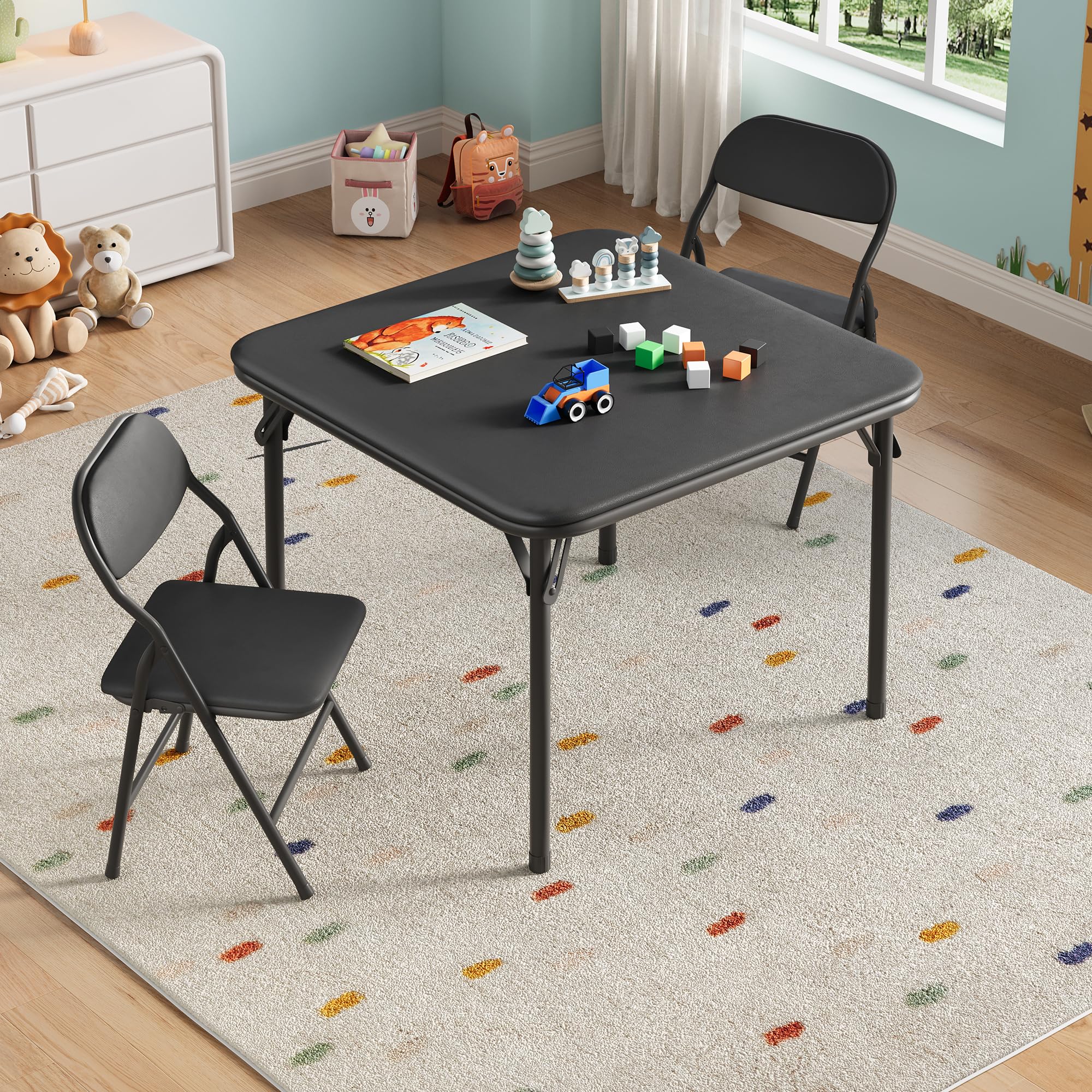 3-Piece Kids Folding Table and Chairs Set, Children's Upholstered Square Card Table & Soft Cushion Chairs, Toddler Activity Furniture, Metal Frame, Ideal for Daycare Classrooms Playtime Learning