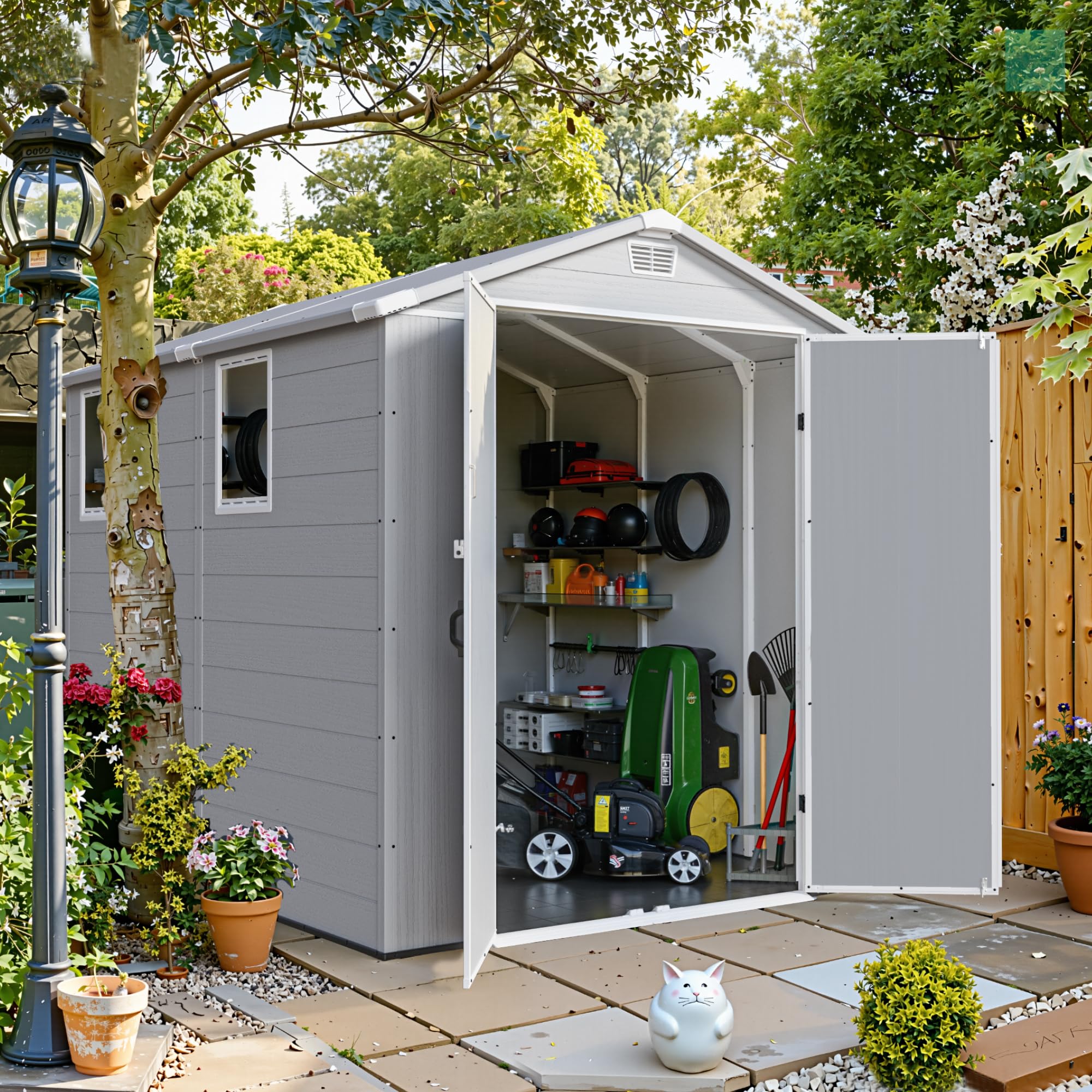 Devoko Abri de Jardin extérieur en Plastique avec Double Portes verrouillables et Toit en apex, Abri à Outils pour Patio, Jardin, abri pour vélo