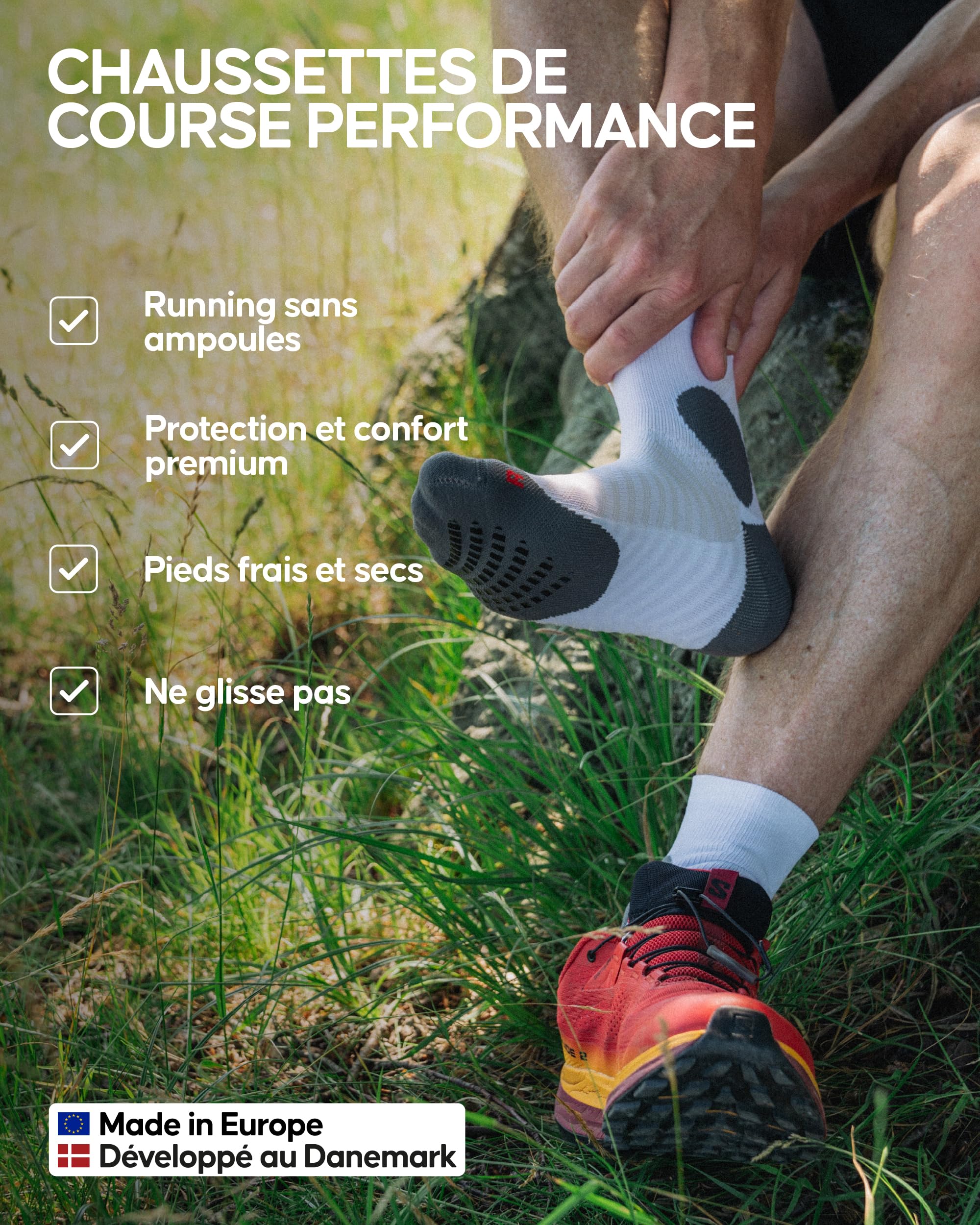 DANISH ENDURANCE Chaussettes de Course Anti-Dérapantes, Support Cheville, Anti-Ampoules, Restent en Place, 2 Paires