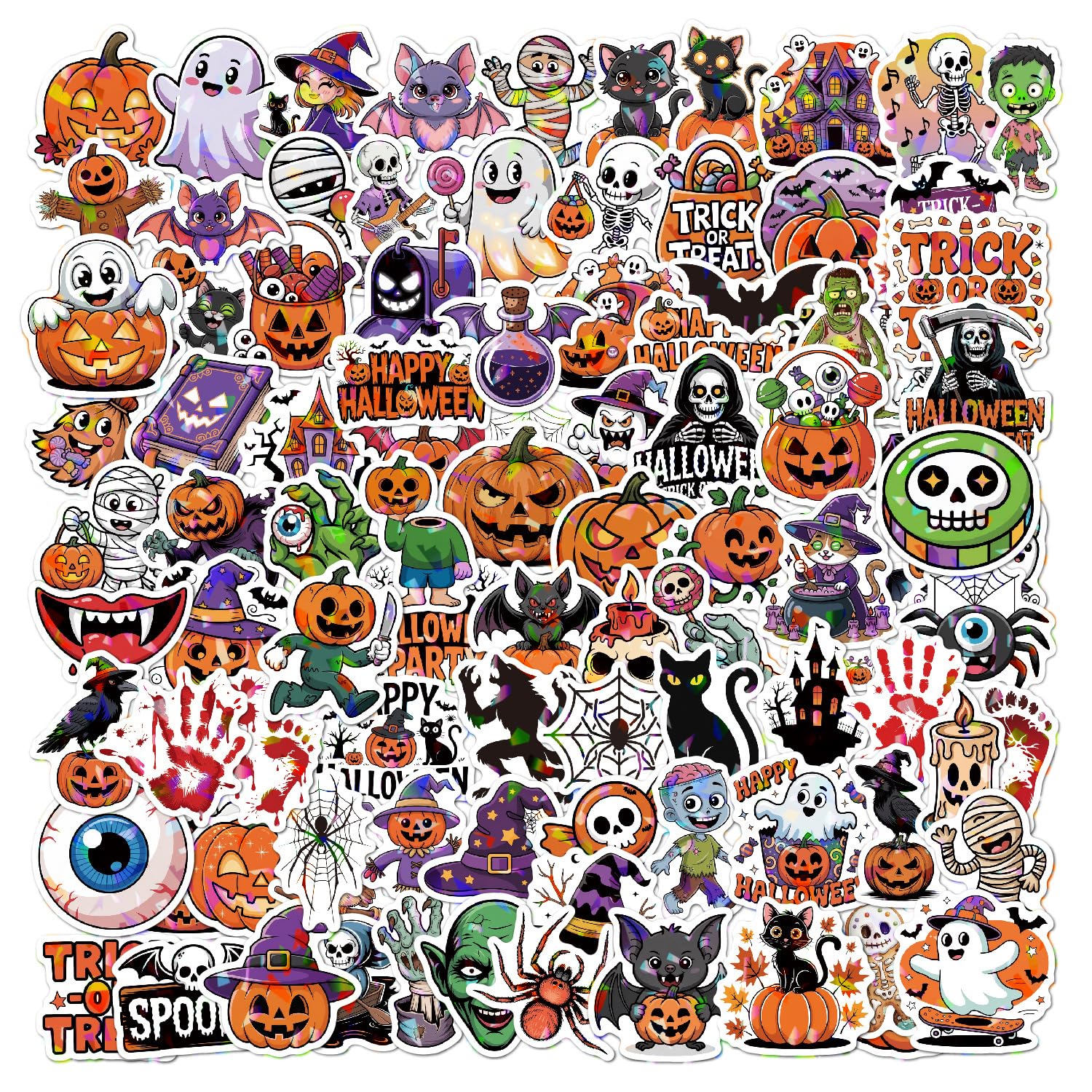 YXBWM 100 Pcs Halloween Stickers，Holographic Shiny Waterproof Halloween Party Stickers Pack Funny Pumpkin Ghost Stickers Suitable for Party Decoration Bags Scrapbooking (Halloween)