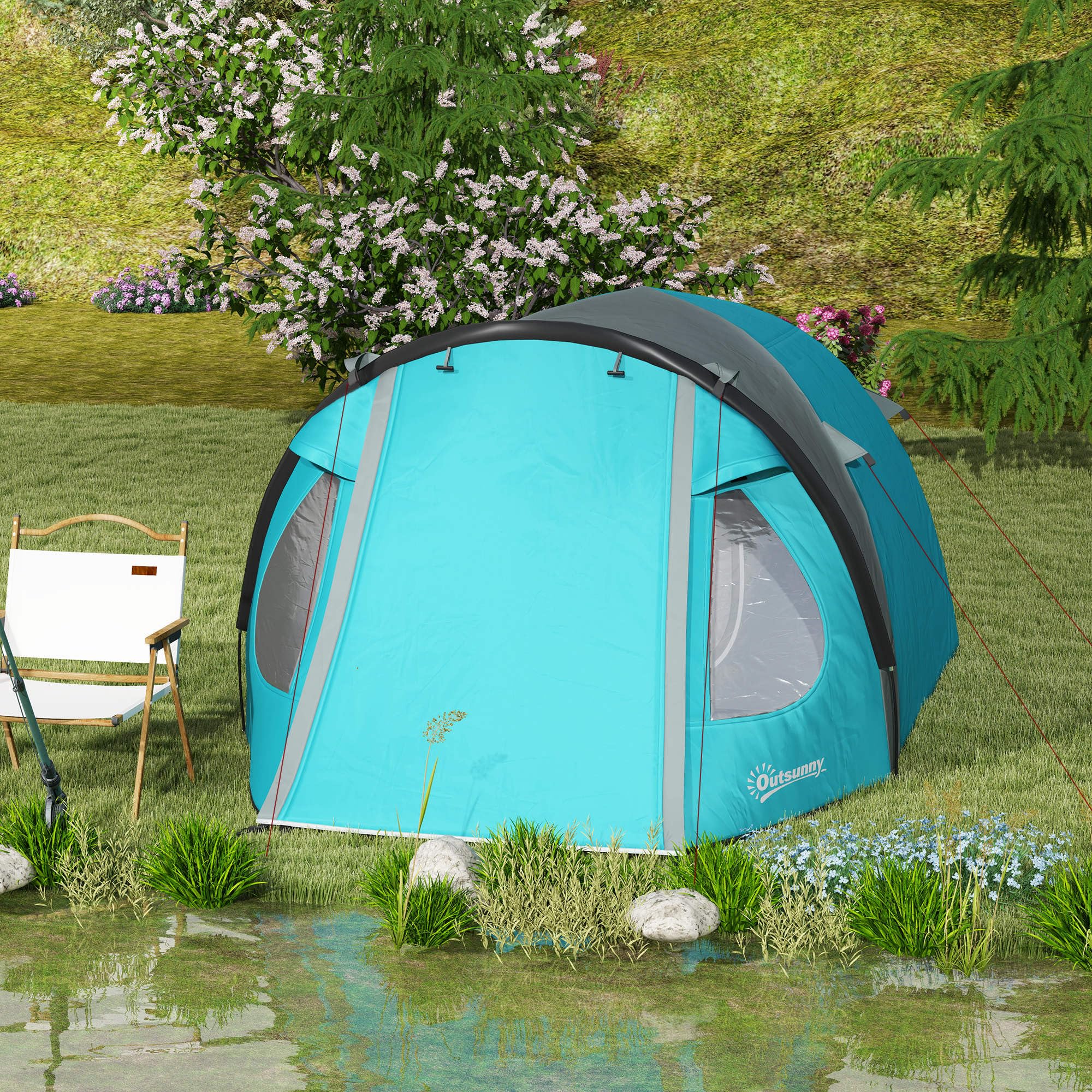Outsunny Tenda da Campeggio per 3 Persone con Camera e Veranda, Tenda da Trekking a Casetta Impermeabile 3000mm e Borsa di Trasporto, Azzurro