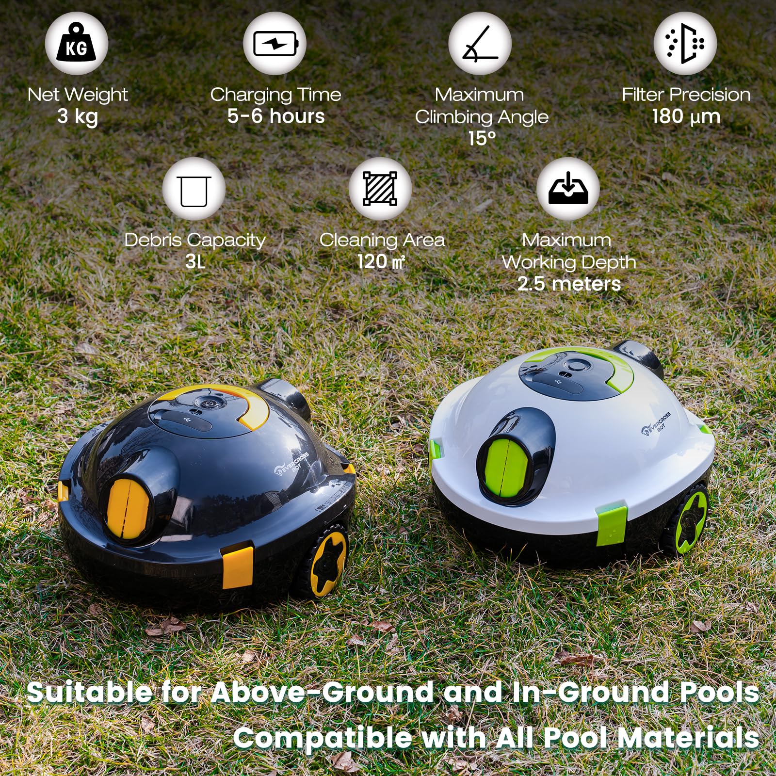 (Nuovo 2026) EVERCROSS BOT Robot Limpiafondos Piscina sin Cable - 100 Min Autonomía, Limpiador Automático de Fondo, Doble Motor 40W para Piscinas hasta 120㎡, Filtro 180μm, Depósito 3L, IPX8 (Blanco)