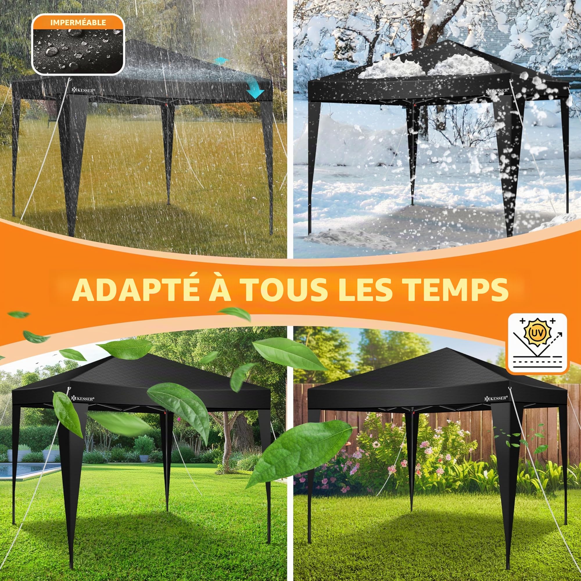 KESSER® Pavillon Pliable 3x3m | Pop-Up Réglable en Hauteur Stable Etanche Résistant à l'hiver | Protection UV 50+ y Compris Sac avec roulettes & ancrage au Sol - Noir/Noir