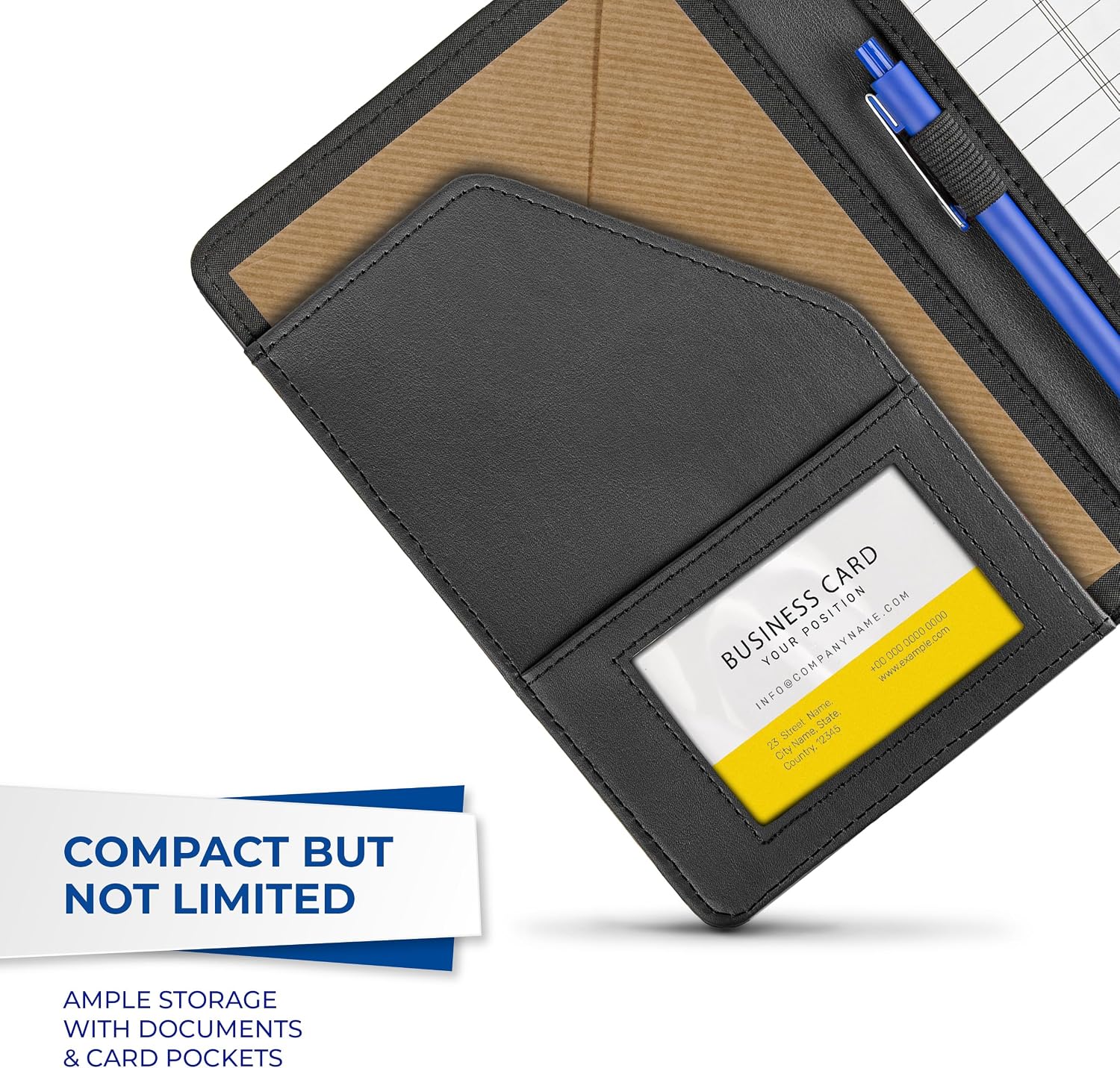 Samsill Mini Faux-Leather Padfolio, 5 x 8 Writing Pad, Compact Business Portfolio with Business Card Display Pocket, Contrast Stitch, Black