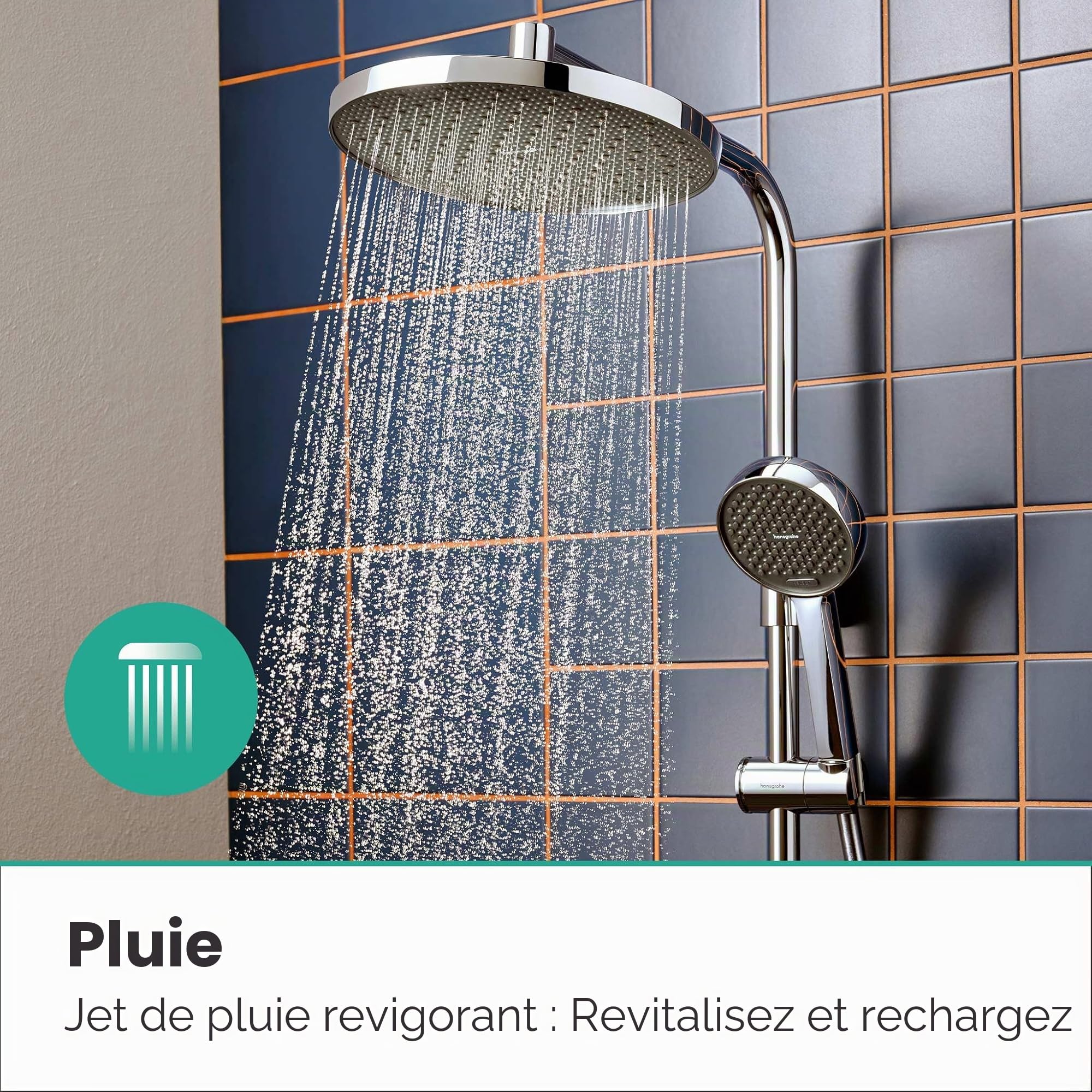 hansgrohe Activera S - Colonne de douche max. 8 l/min (EcoSmart) avec mitigeur thermostatique, douche pluie, douchette (2 jets), support, tuyau, barre et douche de tête, Chromé, 28078000