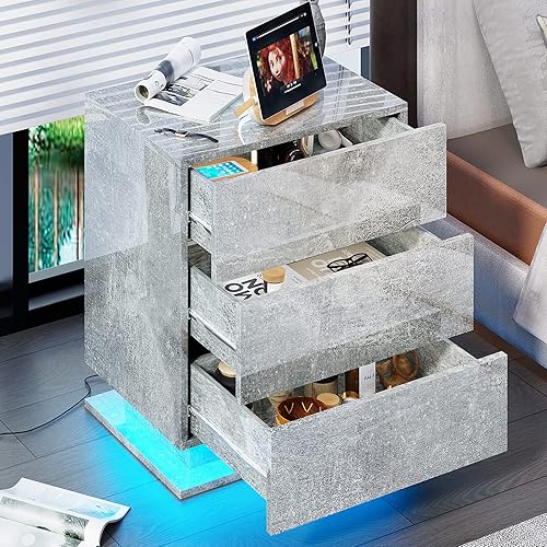 Miniatura 8 de Mesita de noche LED moderna gris de alto brillo con 3 cajones de almacenamiento para dormitorio, mesa auxiliar inteligente de madera con luces LED