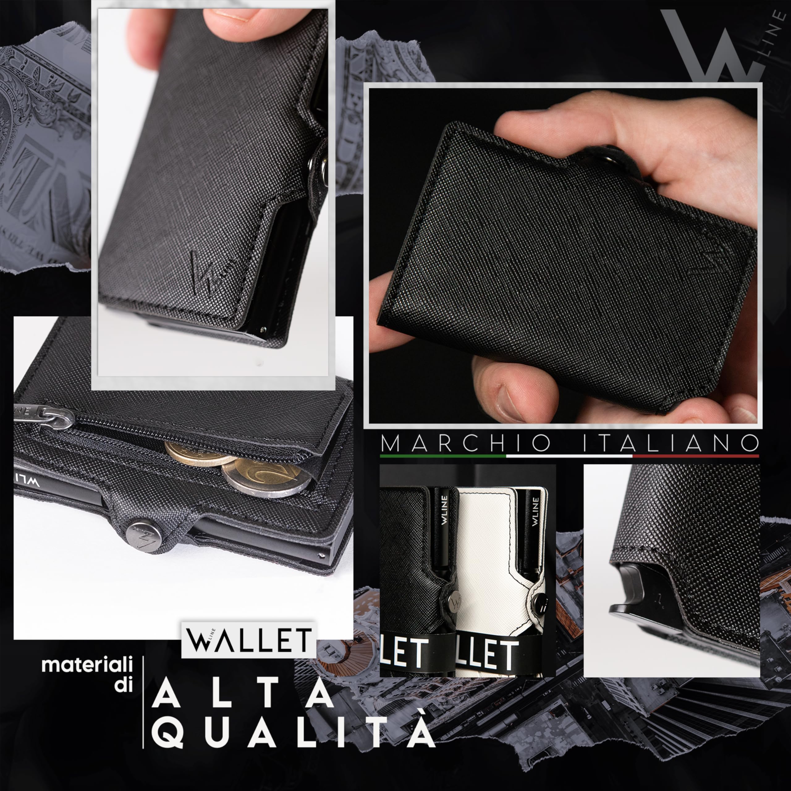 WLine Portafoglio Uomo Slim con Portamonete Rfid Compatto ed Elegante - Porta Carte di Credito Uomo e Donna Schermato in Pelle PU Saffiano - Portatessere Uomo Tascabile (Nero Saffiano con Zip)