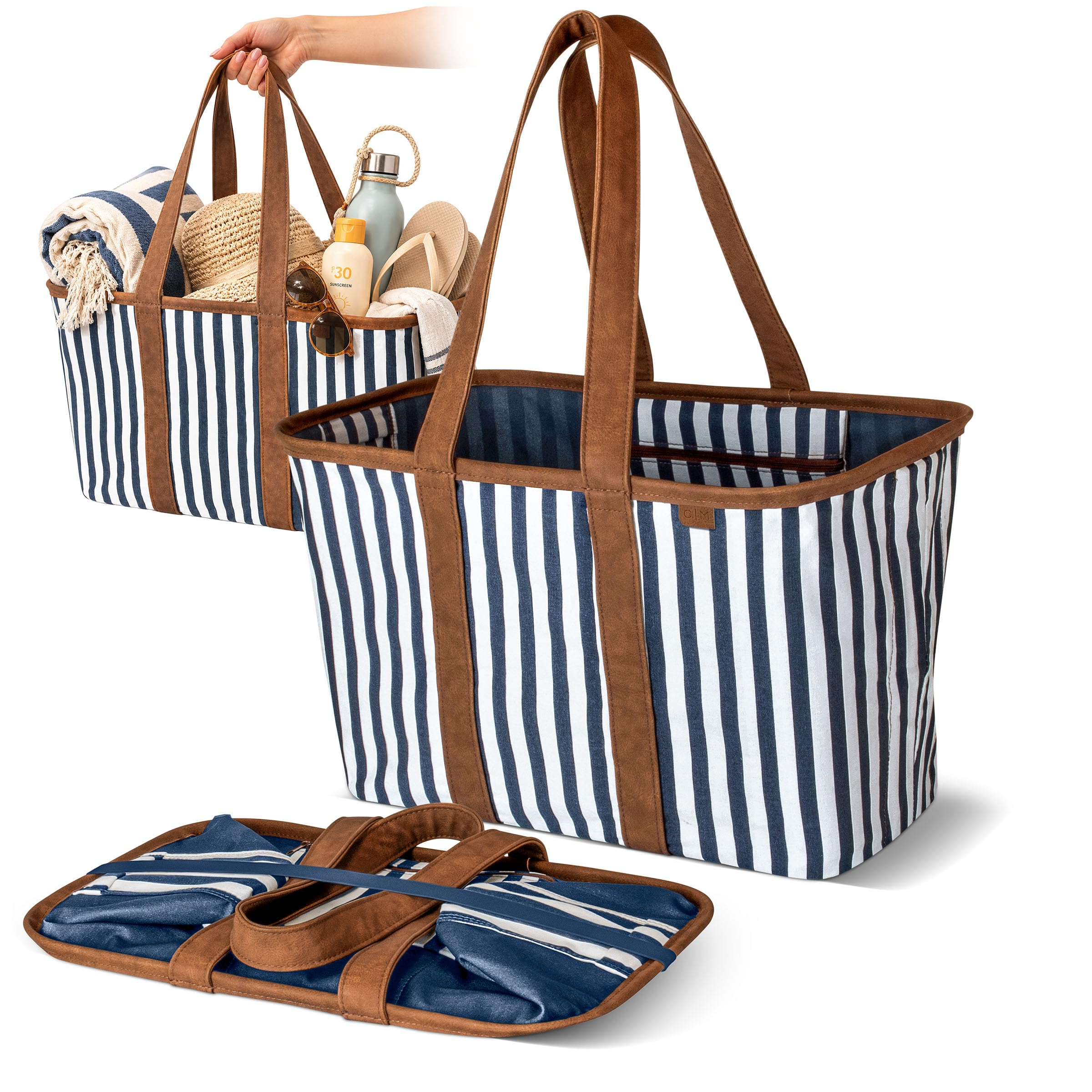 CleverMade Faltbare Luxus-Tragetasche, marineblau, gestreift, 1 Packung, 30 l, wiederverwendbare Einkaufstasche mit Griffen, verstärkter Unterseite