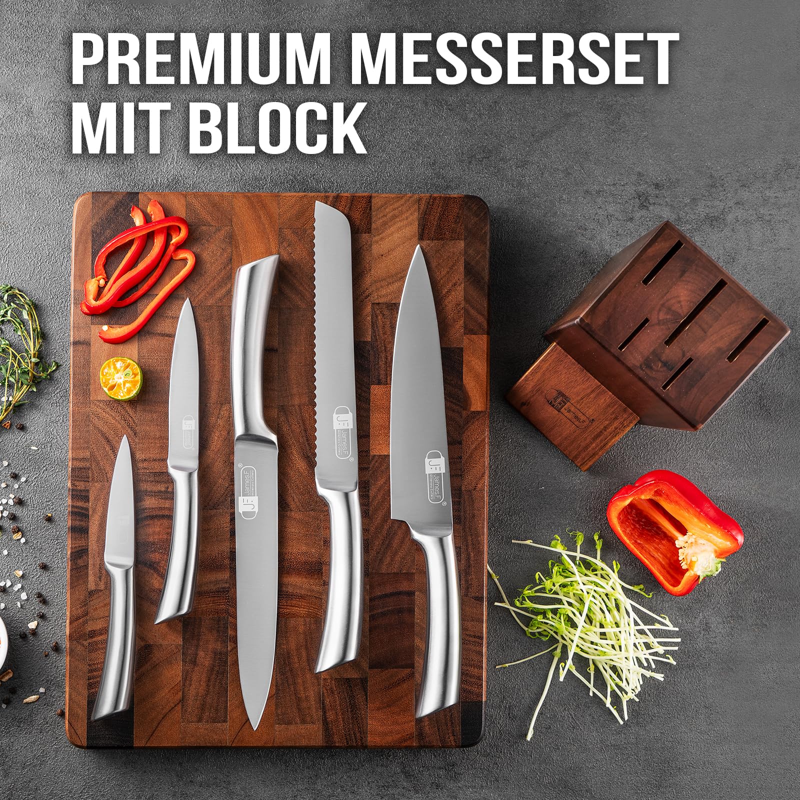 Messer Set, 6 Stück Küchenmesser Set mit Holzblock Super Scharfe Edelstahl Messersets für Küche mit Block