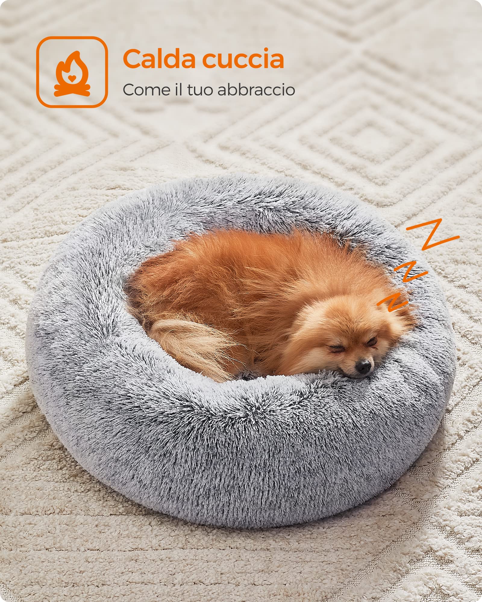 Feandrea Cuccia Cane Interno, Cuccia per Cani, Lettino per Animali Domestici a Ciambella, Cuscino Sfoderabile e Lavabile, Tappeto di Peluche, Diametro 60 cm, Grigio Ombré PGW038G01