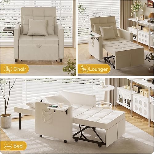 Vista 12 de Vabches Sofá cama 3 en 1 con mesa de ala y puertos USB, silla de terciopelo con respaldo ajustable, fácil montaje, azul