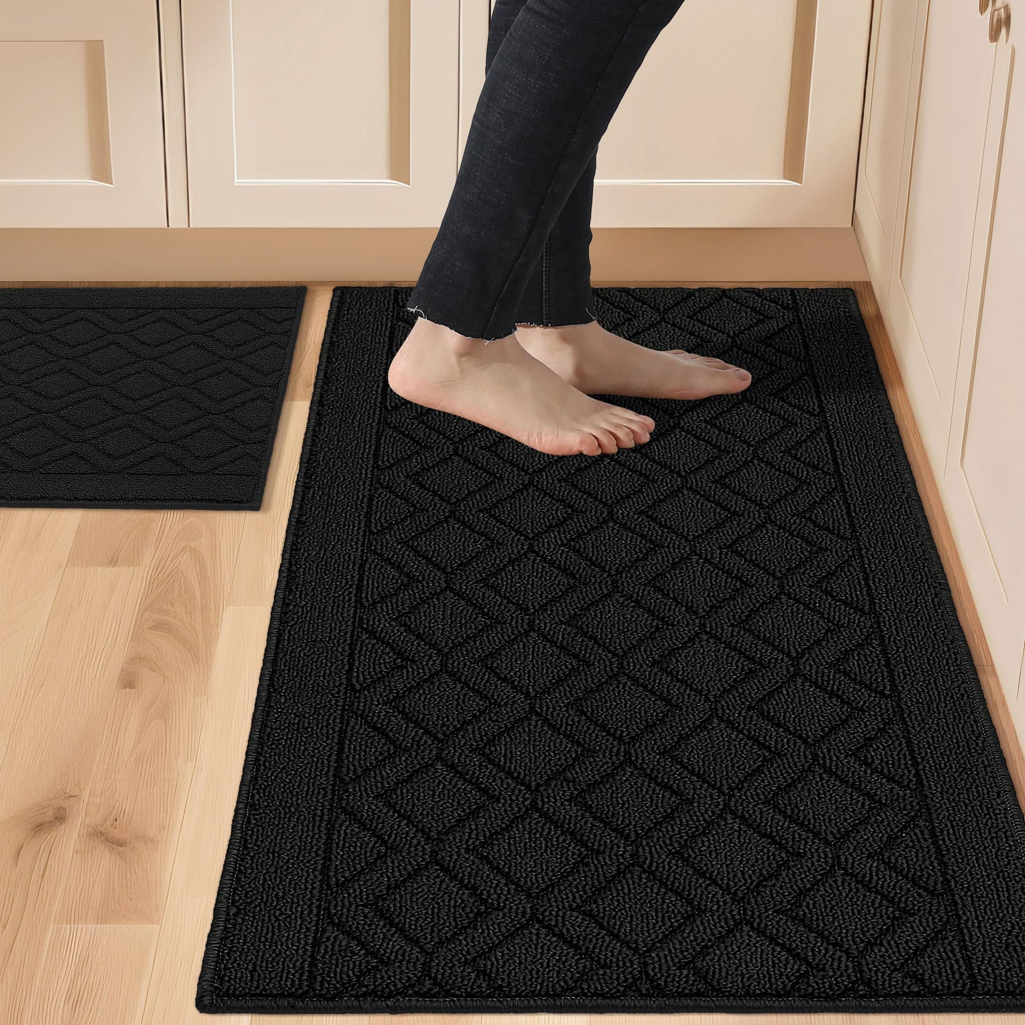 COSY HOMEER 121,9 x 50,8 cm/76,2 x 50,8 cm Küchenteppichmatten aus 100% Polypropylen, 2 Stück, weiche Küchenmatte, spezialisiert auf rutschfest und maschinenwaschbar, schwarz