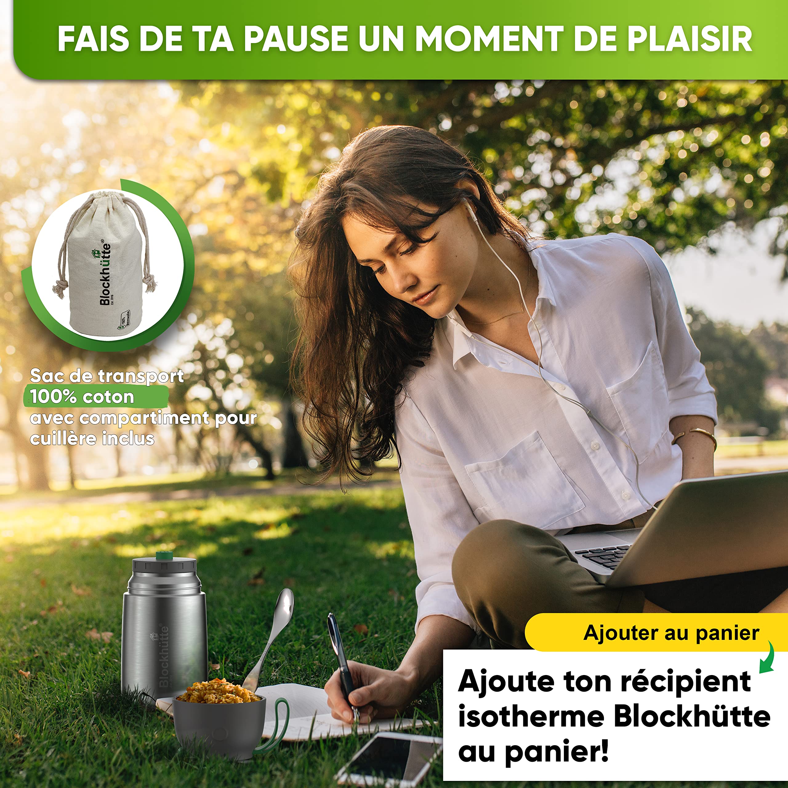 Blockhütte Thermos isotherme 730ml En inox Avec Cuillère et Fourchette - Thermos Alimentaire Chaud idéal Pour Le Travail - Boite Alimentaire isotherme Avec Sac de Transport - Lave-Vaisselle