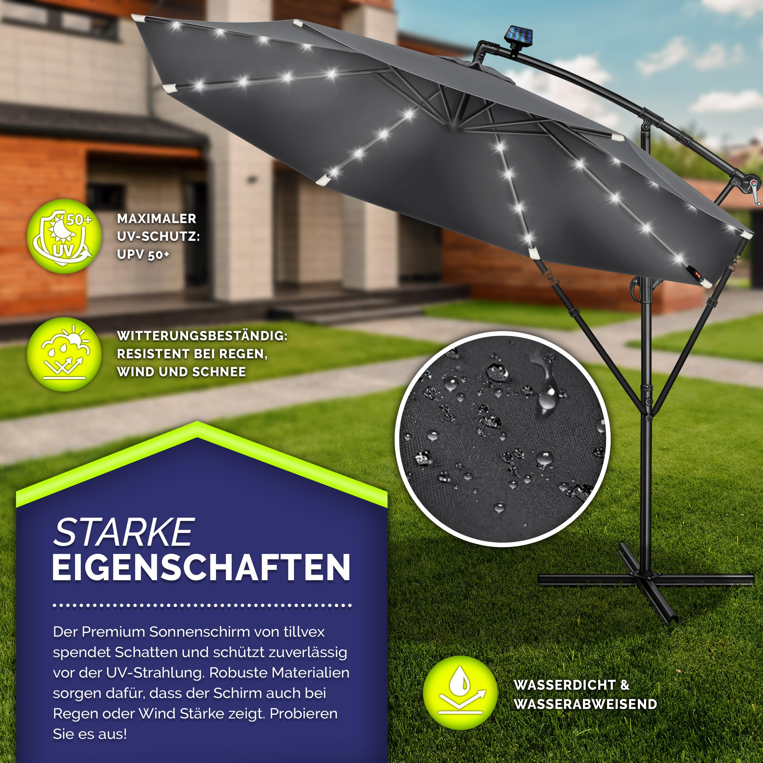 tillvex Alu Ampelschirm + Abdeckung LED Solar Ø 300 cm mit Kurbel, Abdeckung + Ständer | Sonnenschirm mit Windschutz | Gartenschirm UV-Schutz Aluminium | Kurbelschirm Marktschirm wasserdicht