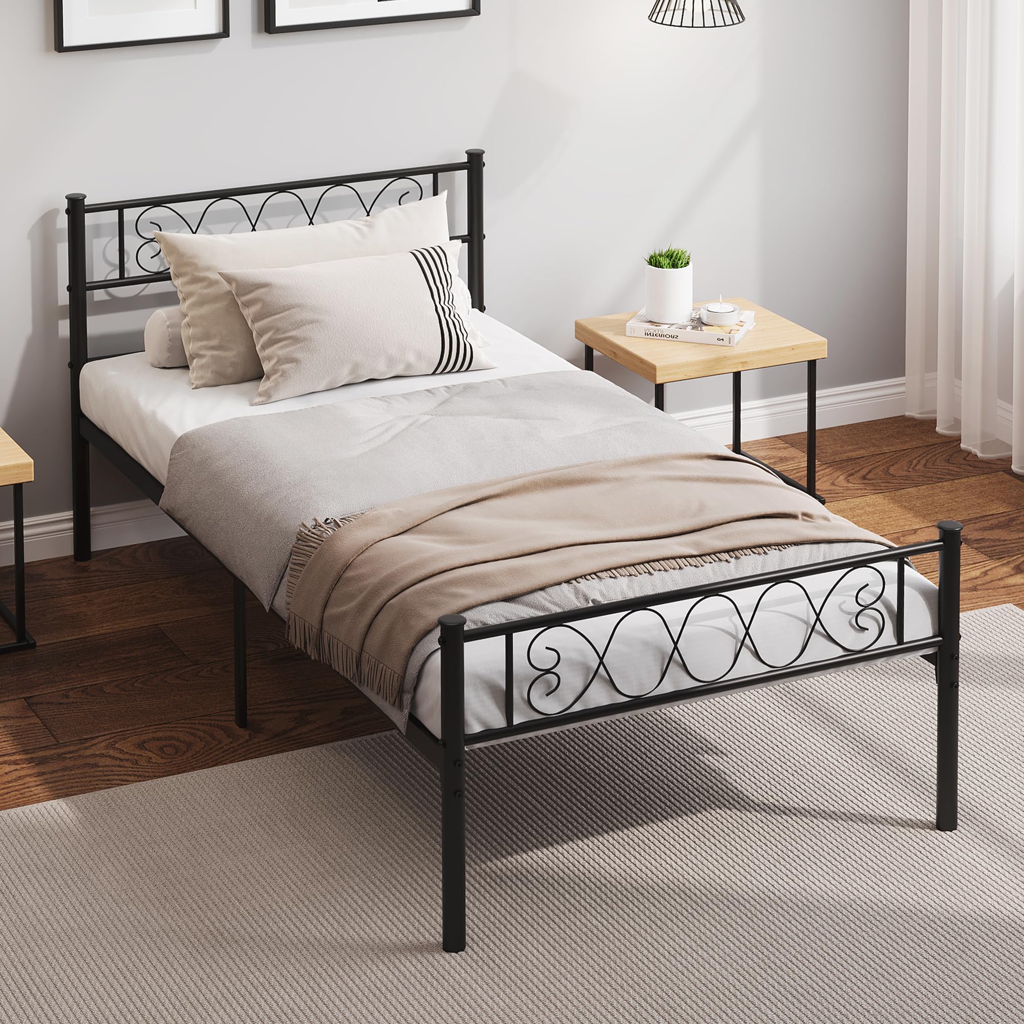 Metal Full Size Bed Frame Metal Platform Bed Frame with Headboard and Footboard Classic Bed Frame with Iron-Art Sweet Heart for Girls and Boys, No Box Spring, Needed Noise-Free