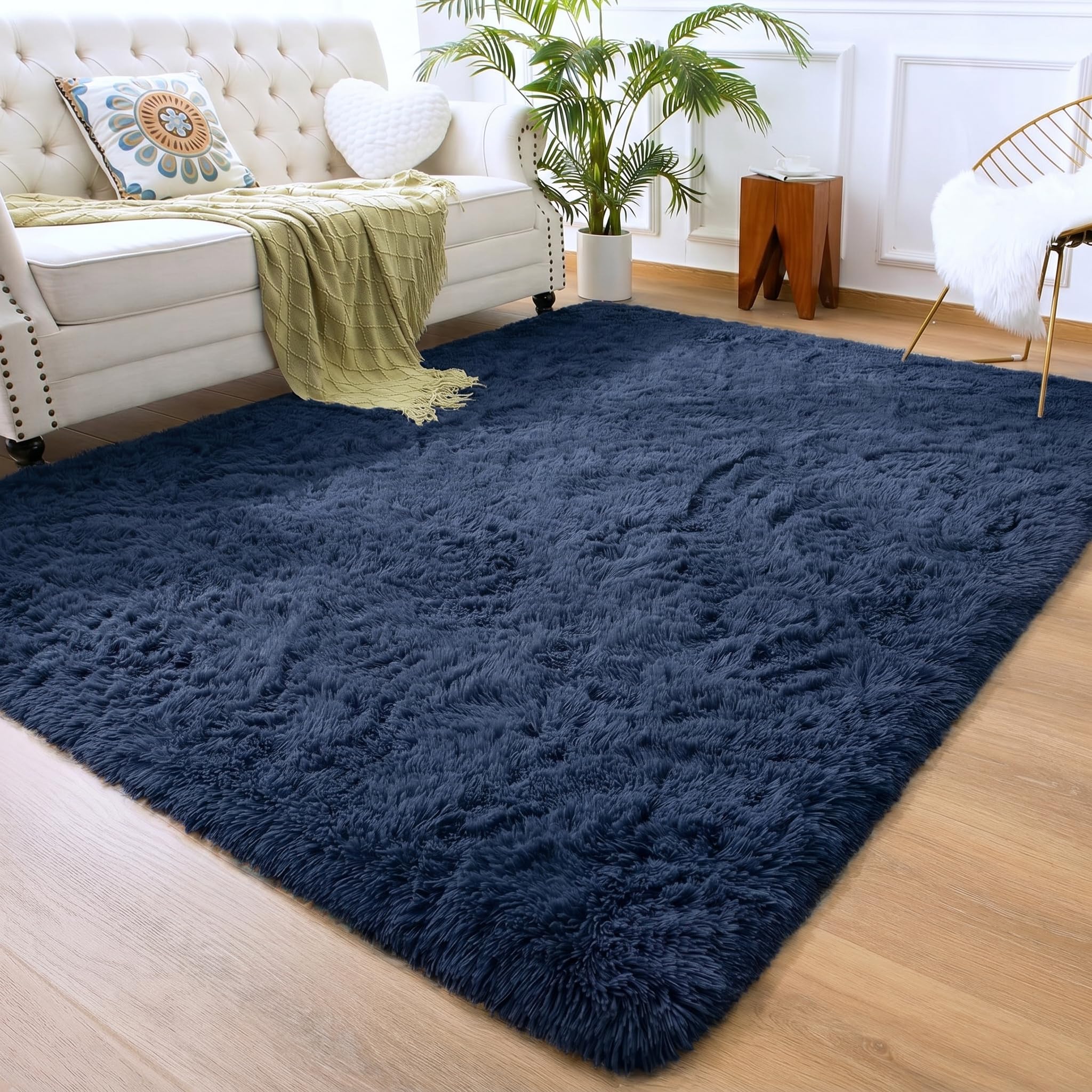 Oxford Homeware Shaggy Rugs Living Room 140 x 200 cm Navy Rug for Bedroom Non Slip Fluffy Carpet Non-Shedding Thick Soft High Pile Rug Kids Room