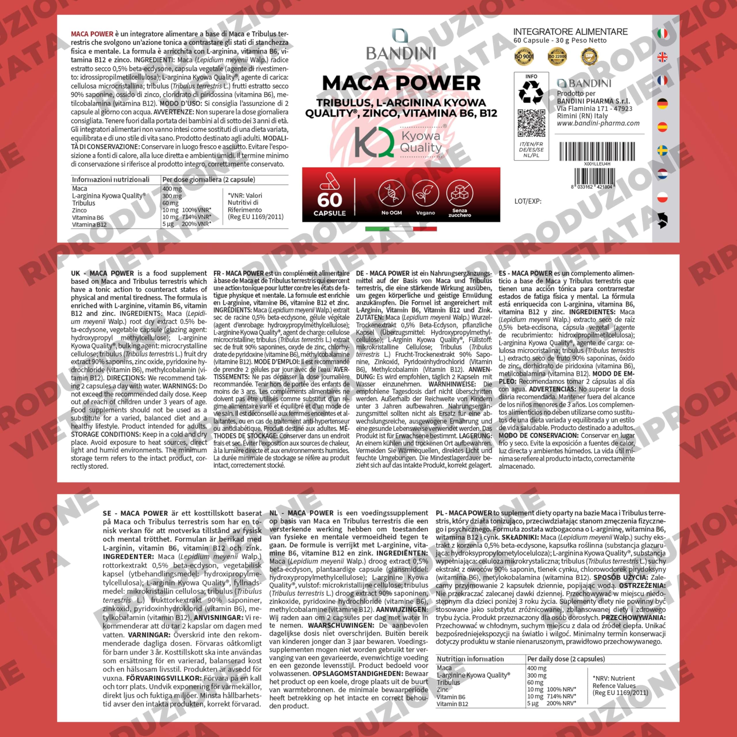 Bandini® MACA POWER Peruviana, 60 Capsule 100% Vegane, Complesso ad Alto Dosaggio con Tribulus, Arginina, Zinco, Vitamina B6 e B12 - Stanchezza Fisica e Mentale, Energia, Sport - Made in Italy