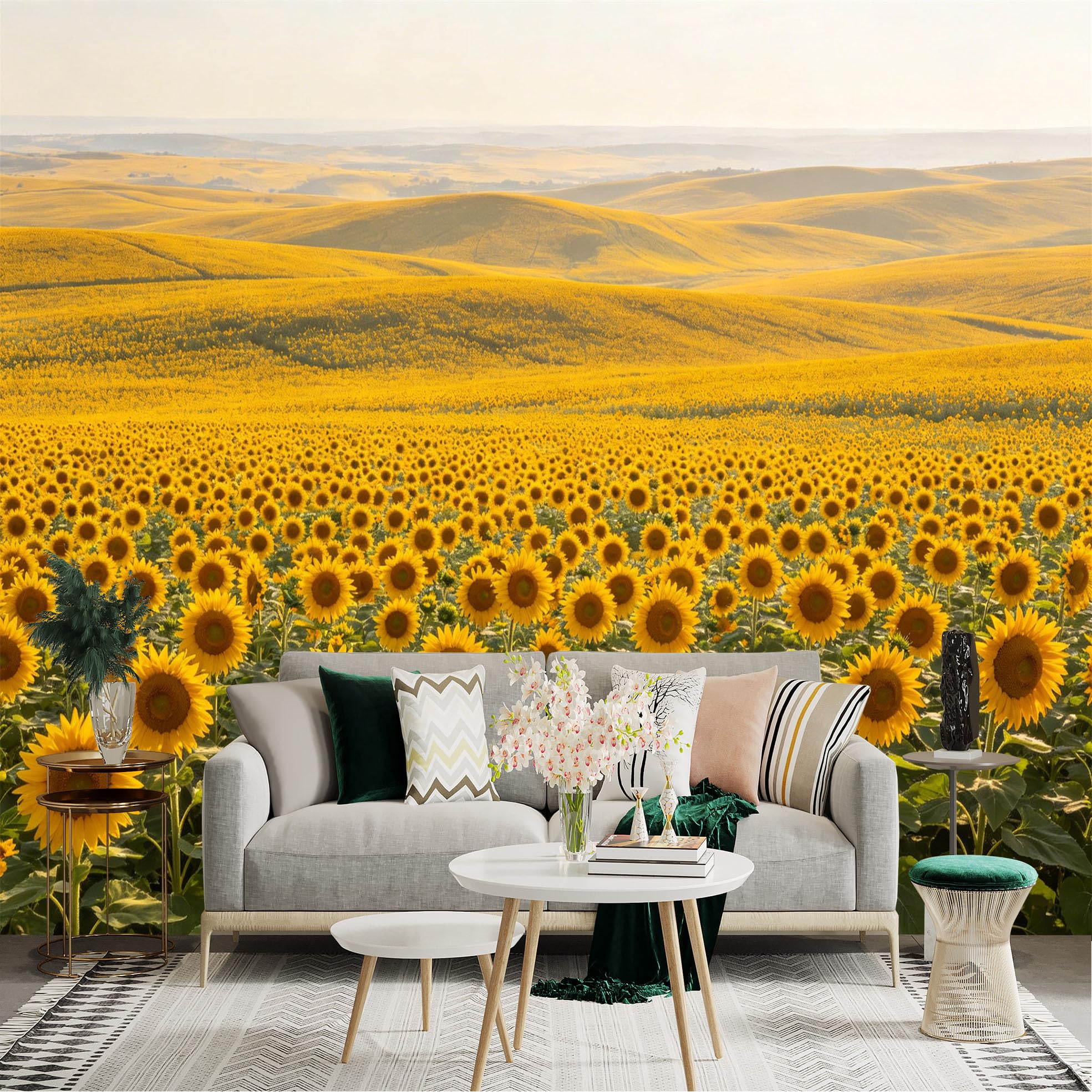Lnzczhyre Dbh260521598 Custom Size Wall Sticker Mural， Vast Sunflower Field， Golden Rolling Hills， Sunny Summer Nature Scenery， Floral Landscape， For Wall Decoration， Peelandstick Wall Decals.