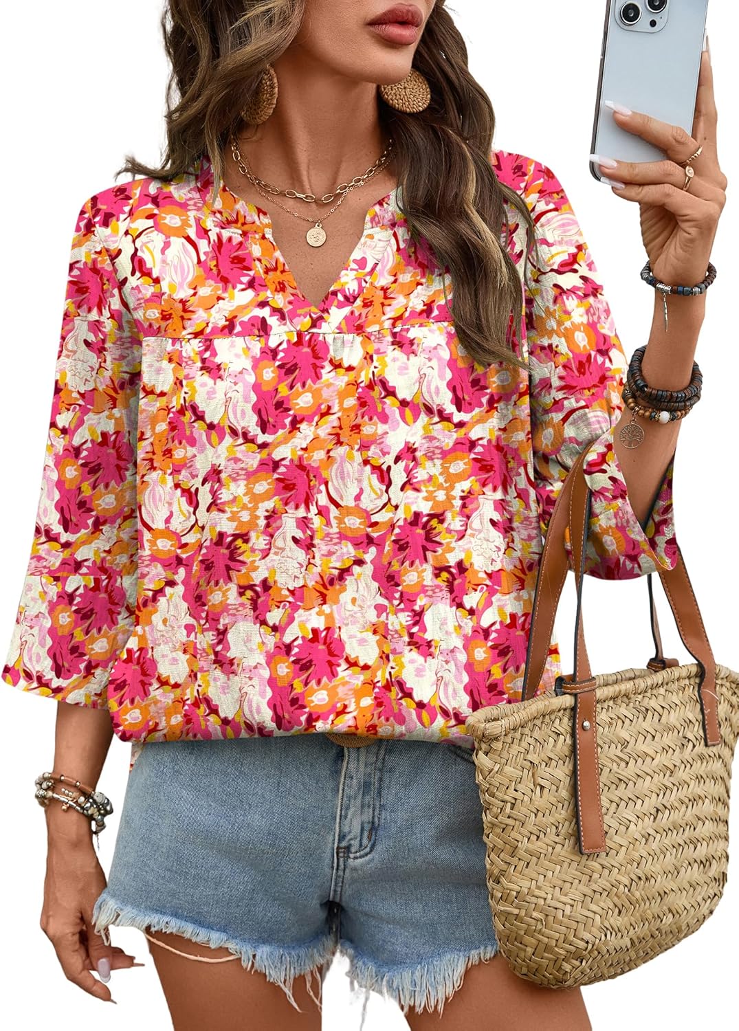 Rapbin Womens 3/4 Sleeve V Neck Floral Print Pleated Blouses for Women Dressy Casual Loose Fit Tops - Image 2