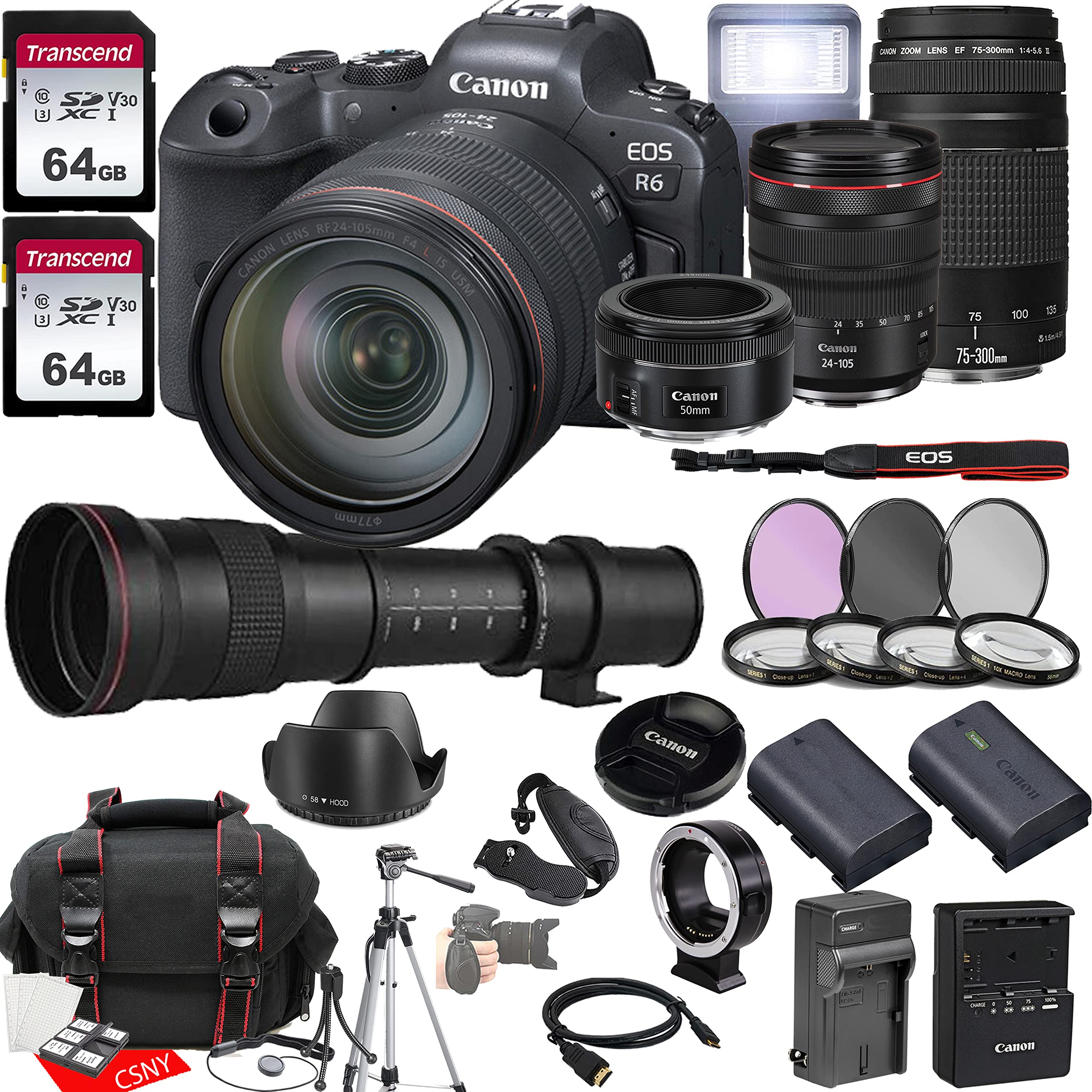 Canon EOS R6 Mirrorless Camera w/RF 24-105mm f/4 L is USM + 75-300mm F/4-5.6 III + EF 50mm f/1.8 STM + 420-800mm f/8.3 HD Lenses + 2X 64GB Memory + Hood + Case + Filters + Tripod + More (35pc Bundle)