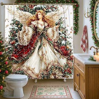 Angel Shower Curtain, Christmas Xmas Tree Snowflakes Red Waterproof Fabric Design Print Bath Curtains Decor for Bathroom Guest Room 72x72 Inch