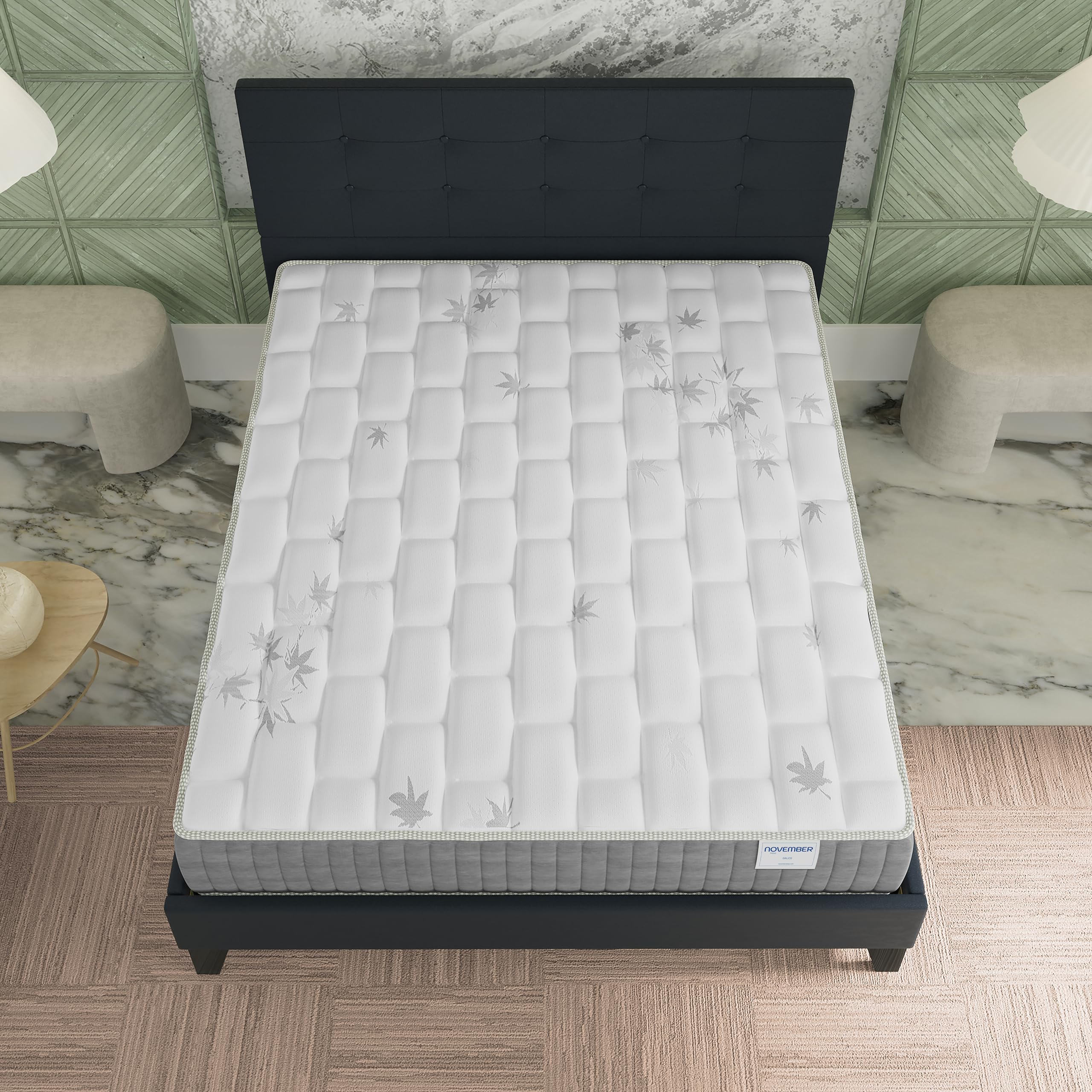 NOVEMBER- Ensemble Matelas + LIT (140x200cm)- Matelas Galice 25cm Ressorts ensachés & Mémoire de Forme+ Sommier tête de lit Bois Stable & Robuste revêtement synthétique Noir