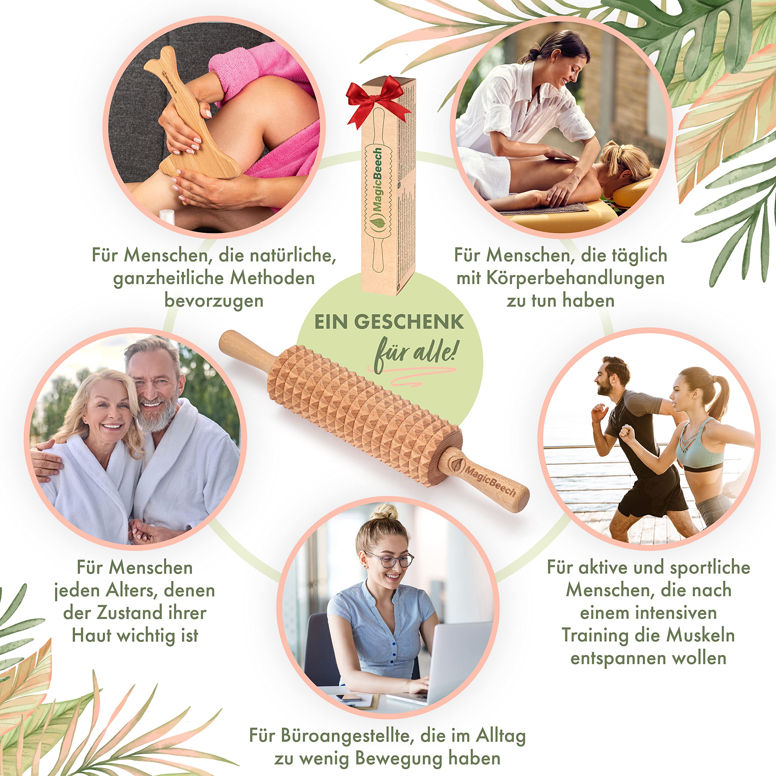 Massageroller aus 100% Buchenholz – Holz Massage-Rolle mit Griff Massagegerät gegen Cellulite zur Maderotherapie Lymphdrainage Körpermassage