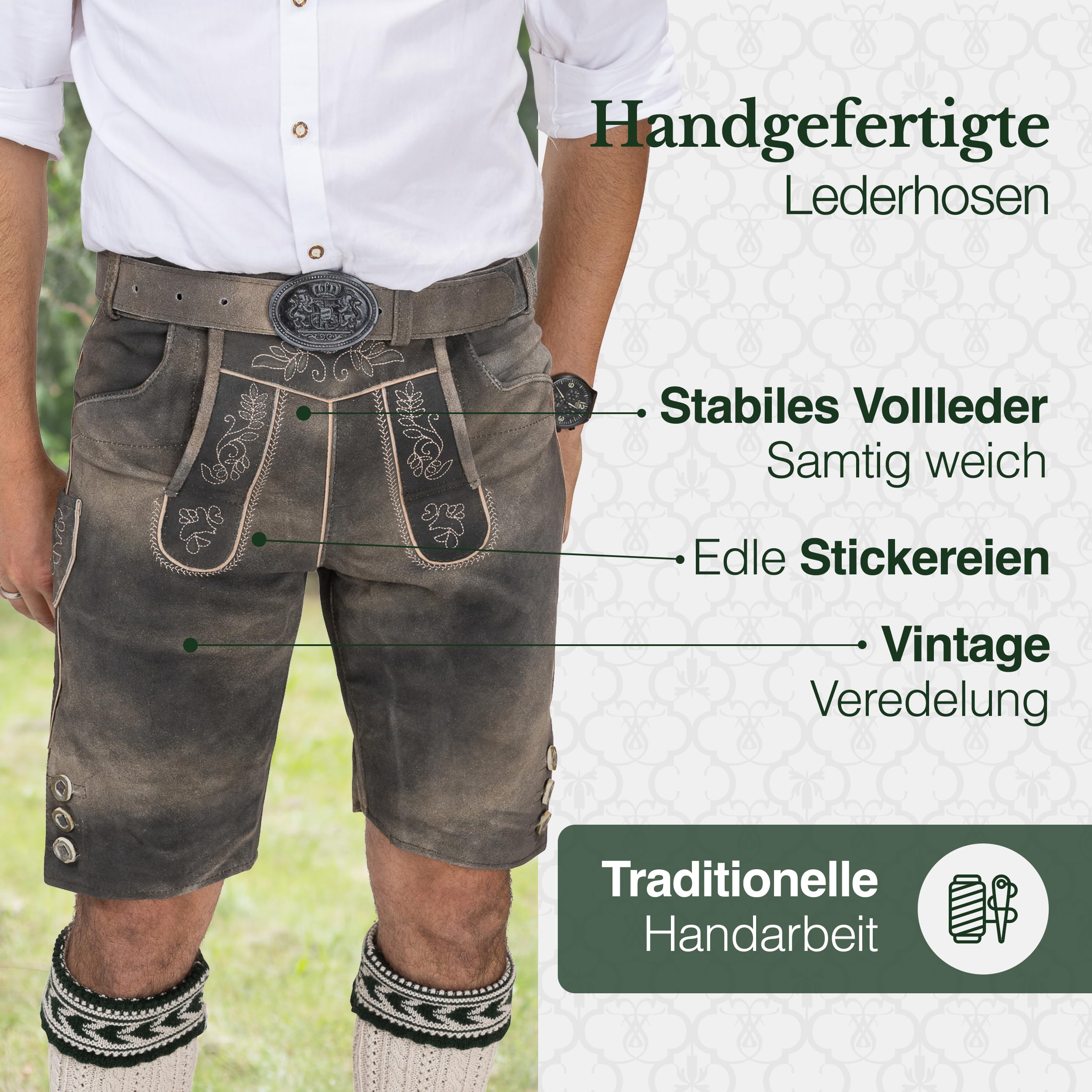 Schöneberger Trachten Couture Herren Lederhose kurz mit Trachtengürtel, Trachtenlederhose braun für Oktoberfest, Trachtenhose Starnberg