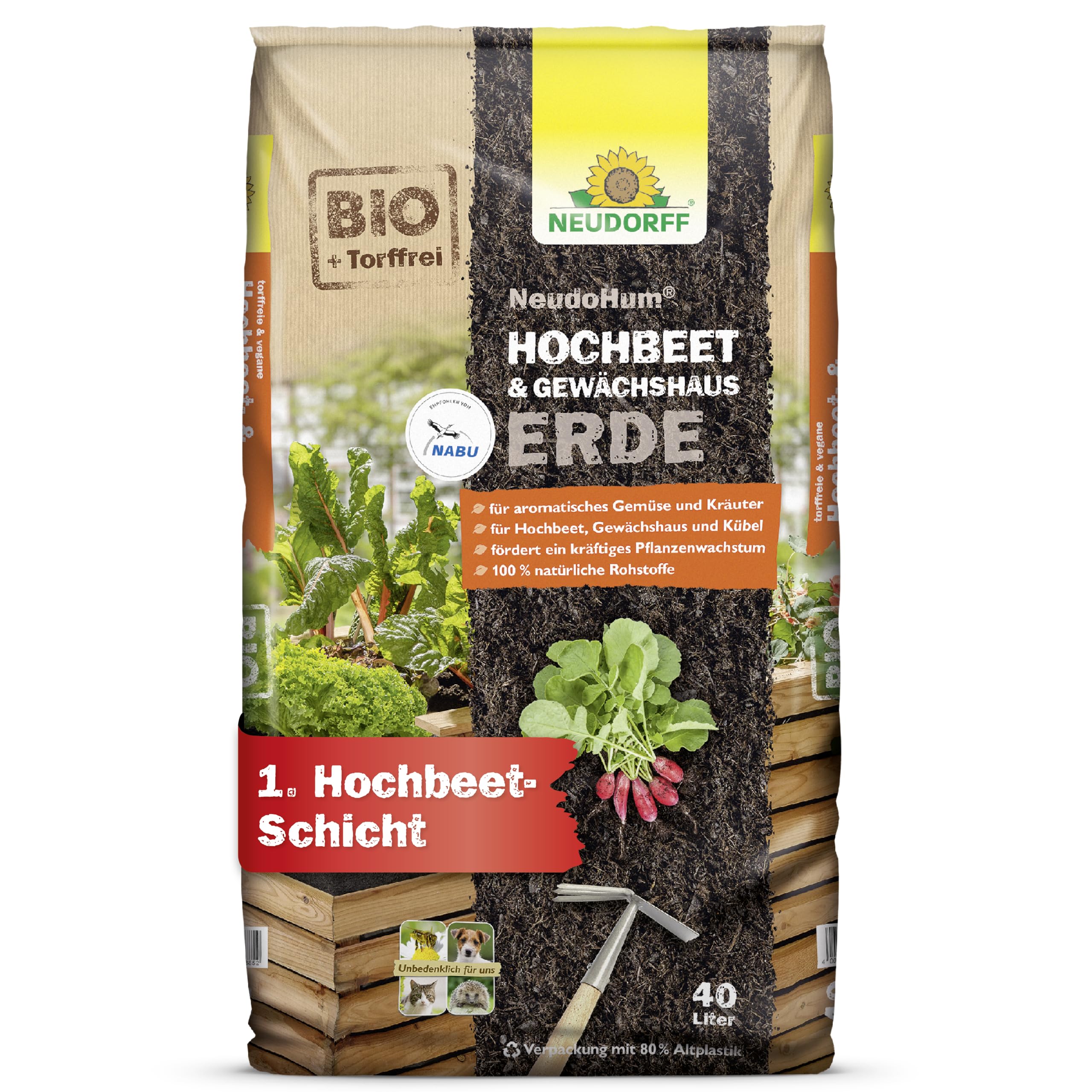 Neudorff NeudoHum HochbeetErde 40L torffreie GewächshausErde - Bio-Erde für leckeres Gemüse und aromatische Kräuter - 100% vegan - für 4 Wochen vorgedüngt