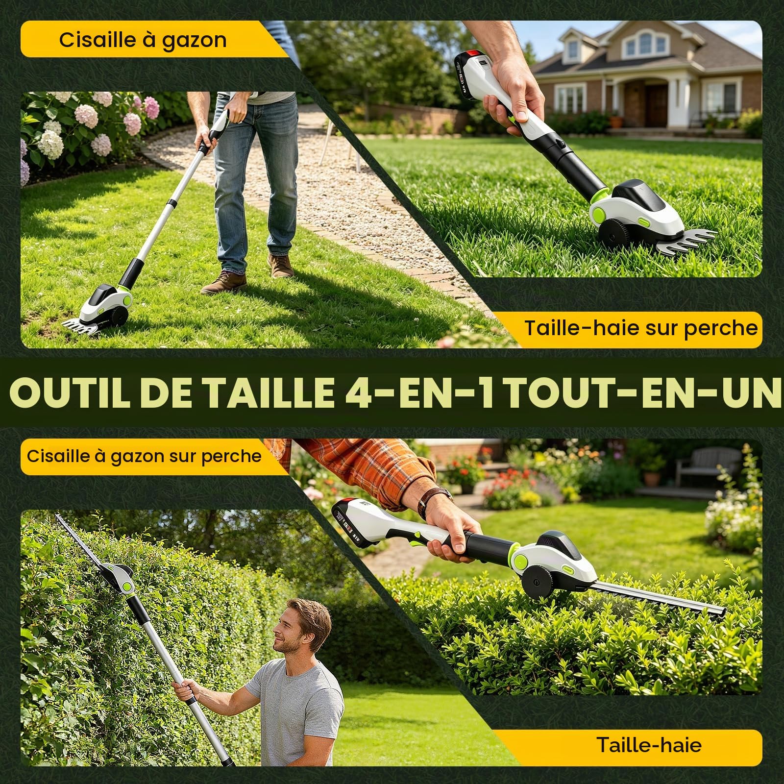Taille Haie Electrique Telescopique 4-en-1 21V avec 2 Batteries 4,0Ah