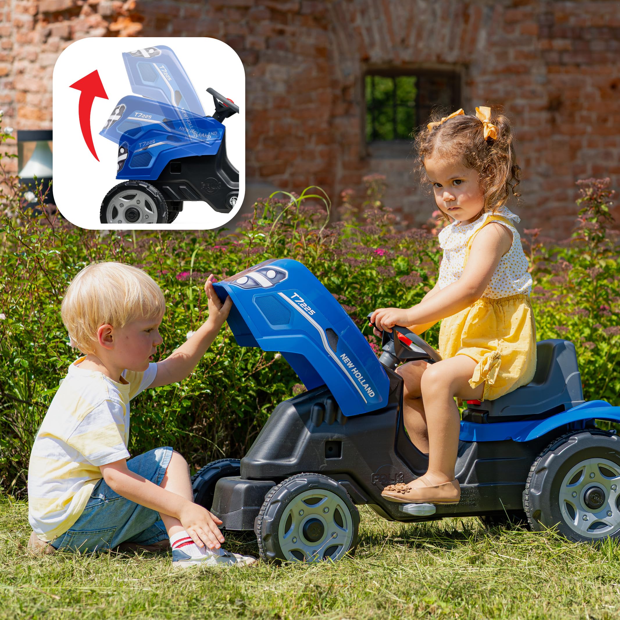 Falk Traktor mit Pedalen New Holland für Kinder, mit Anhänger, ab 2 Jahren | Haube zum Öffnen und verstellbarer Sitz