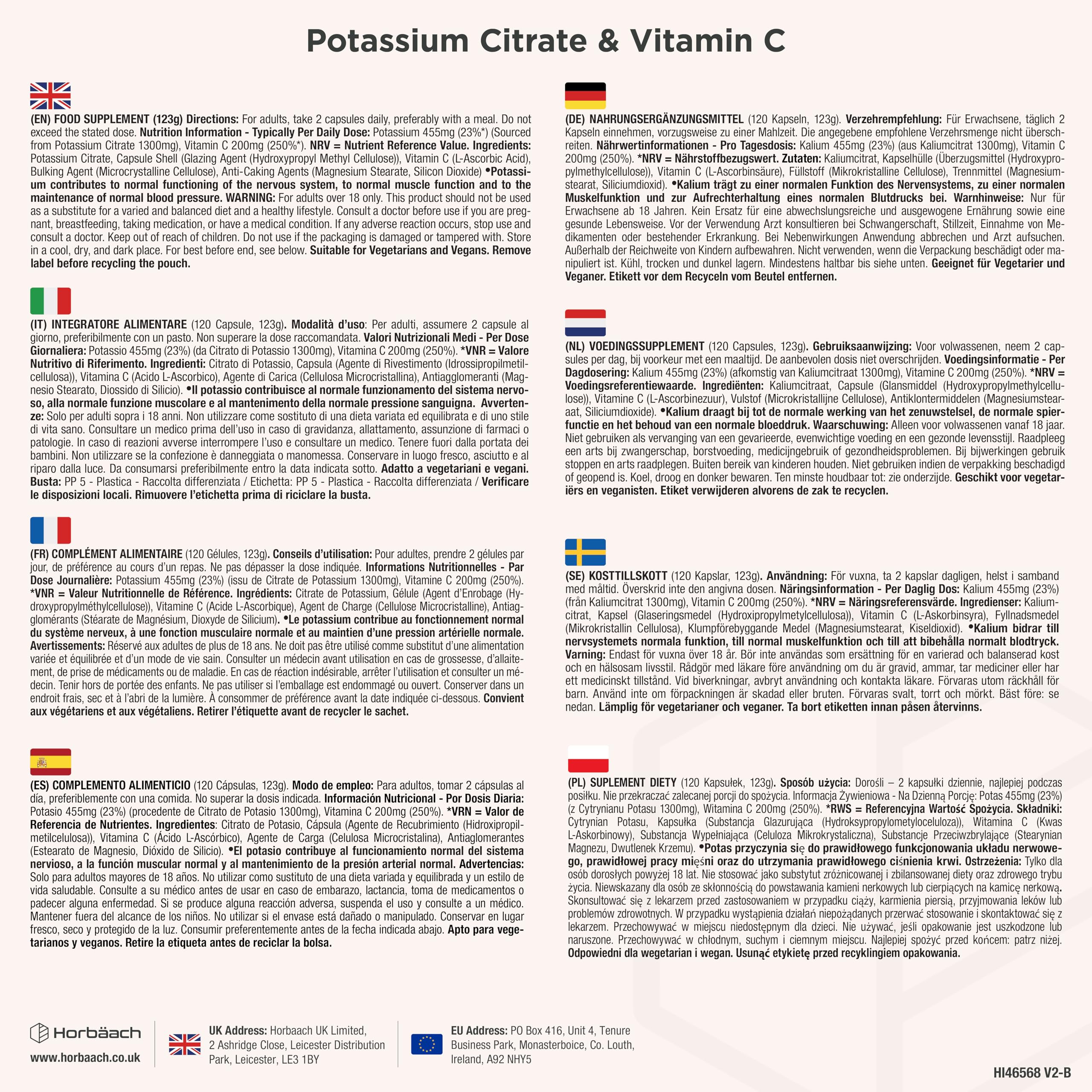 Citrato di Potassio con Vitamina C | 120 Compresse Vegane | 1500mg di Potassium Citrate | Aumento della massa muscolare e Elettroliti (EFSA) | Integratore di Potassio | Horbaach