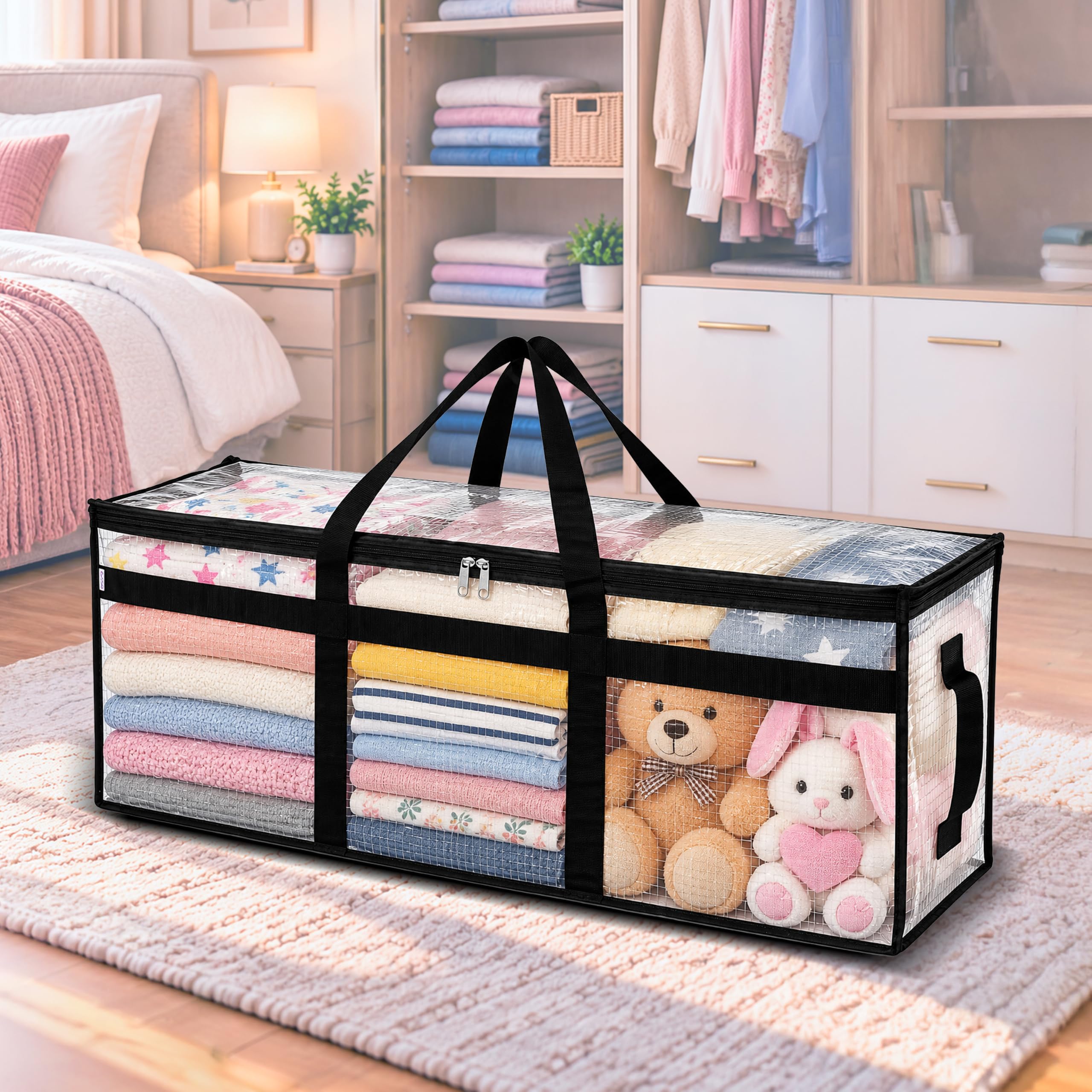 Storite Heavy Duty 80 L Transparent Super-Size Jumbo Underbed Storage Bag | Premium Multi-Purpose Moisture Proof Toys/Blankets/Stationery Paper/Clothes Storage Bag (84x26x37 cm)