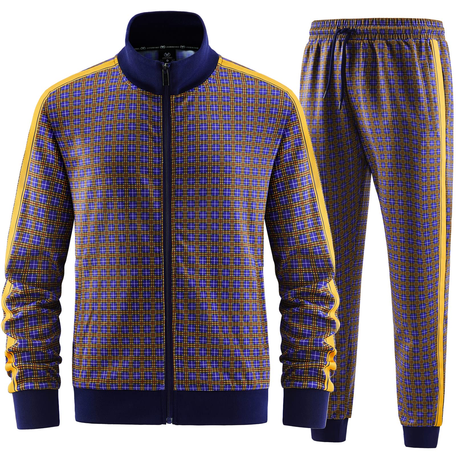 Men's Tracksuits Full-zip Long Sleeve Plaid Jogging Sets Active Jackets and Pants 2 Piece Outfits