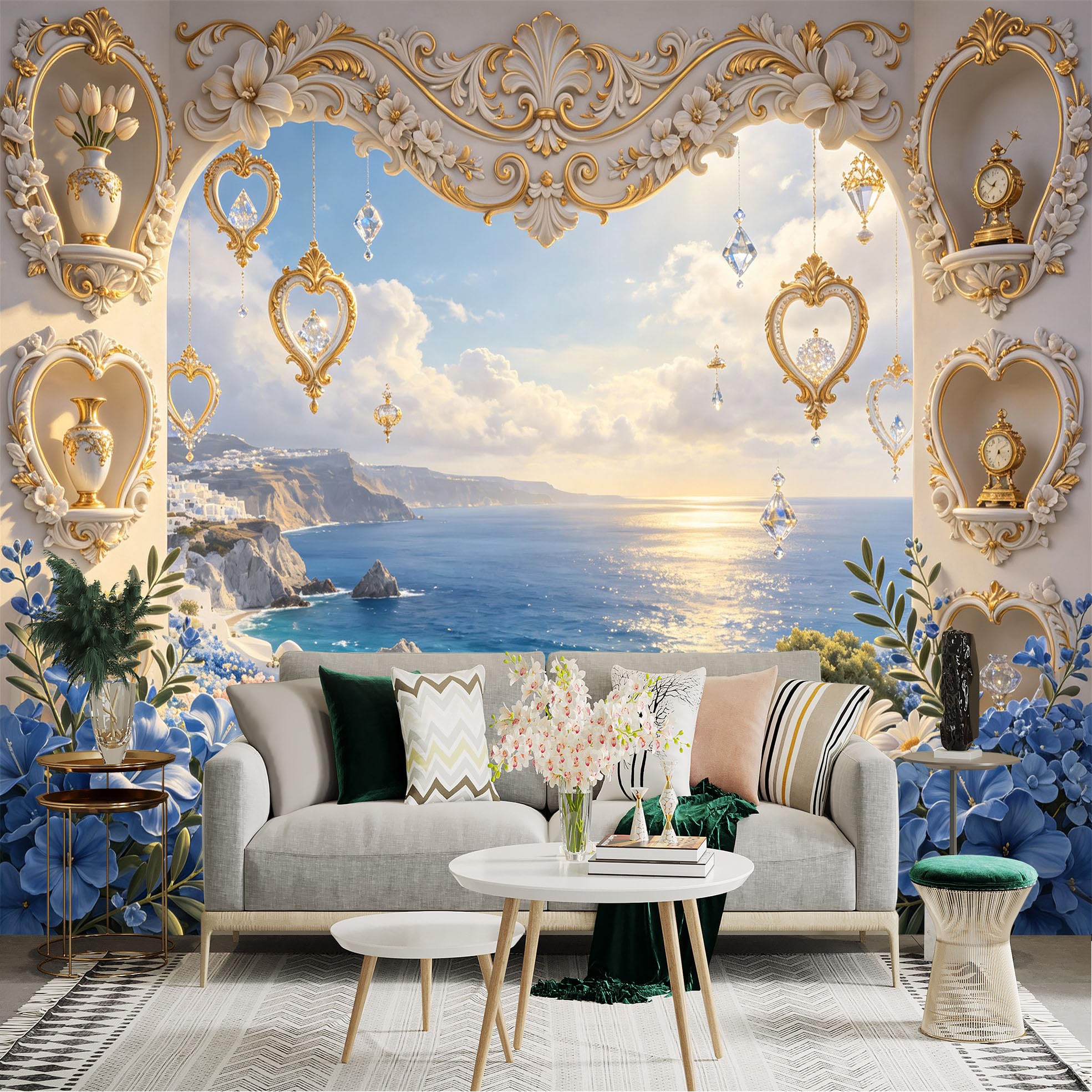 Lnzczhyre Bh260719253 Custom Size Wall Sticker Mural， Mediterranean Coastal View， Golden Ornate Archway， Sparkling Hanging Crystals， Floral Garden Bloom， For Wall Decoration， Peelandstick Wall Decals.