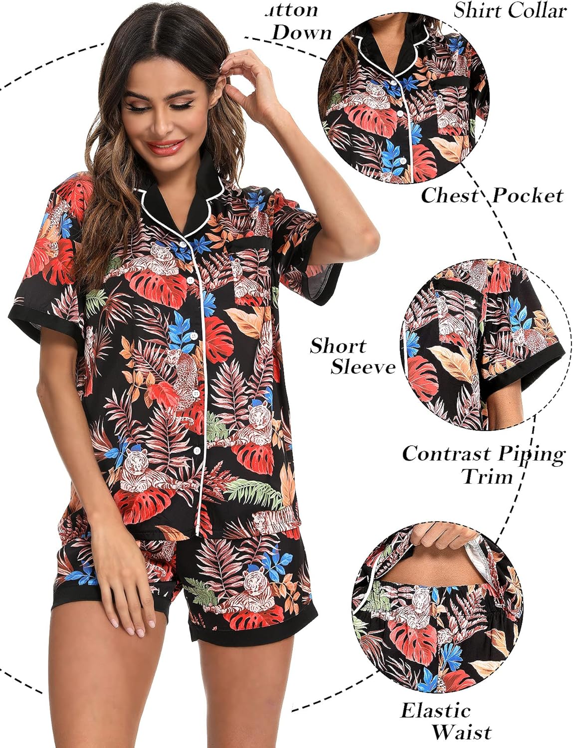 ENJOYNIGHT Women's Silk Satin Pajamas Set Short Sleeve Sleepwear Button Down Lounge PJ Sets - Image 3