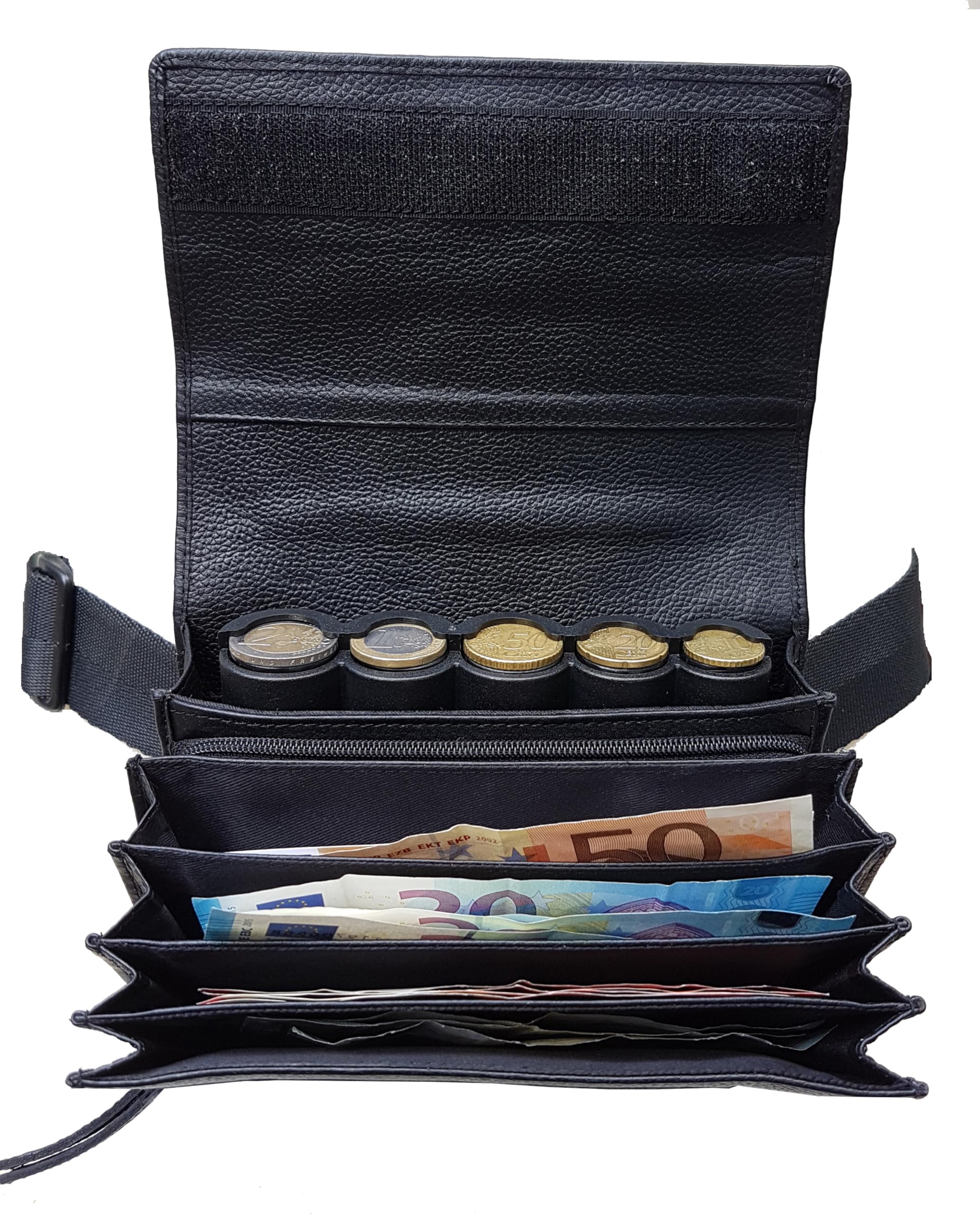Riñonera de Camarero en Piel auténtico, Monedero de Camarero, Cartera, Bolsa, Billetero Incluido Dispensador/Distribuidor/Clasificador de 5 Monedas de Euro (FERMETURE Scratch)