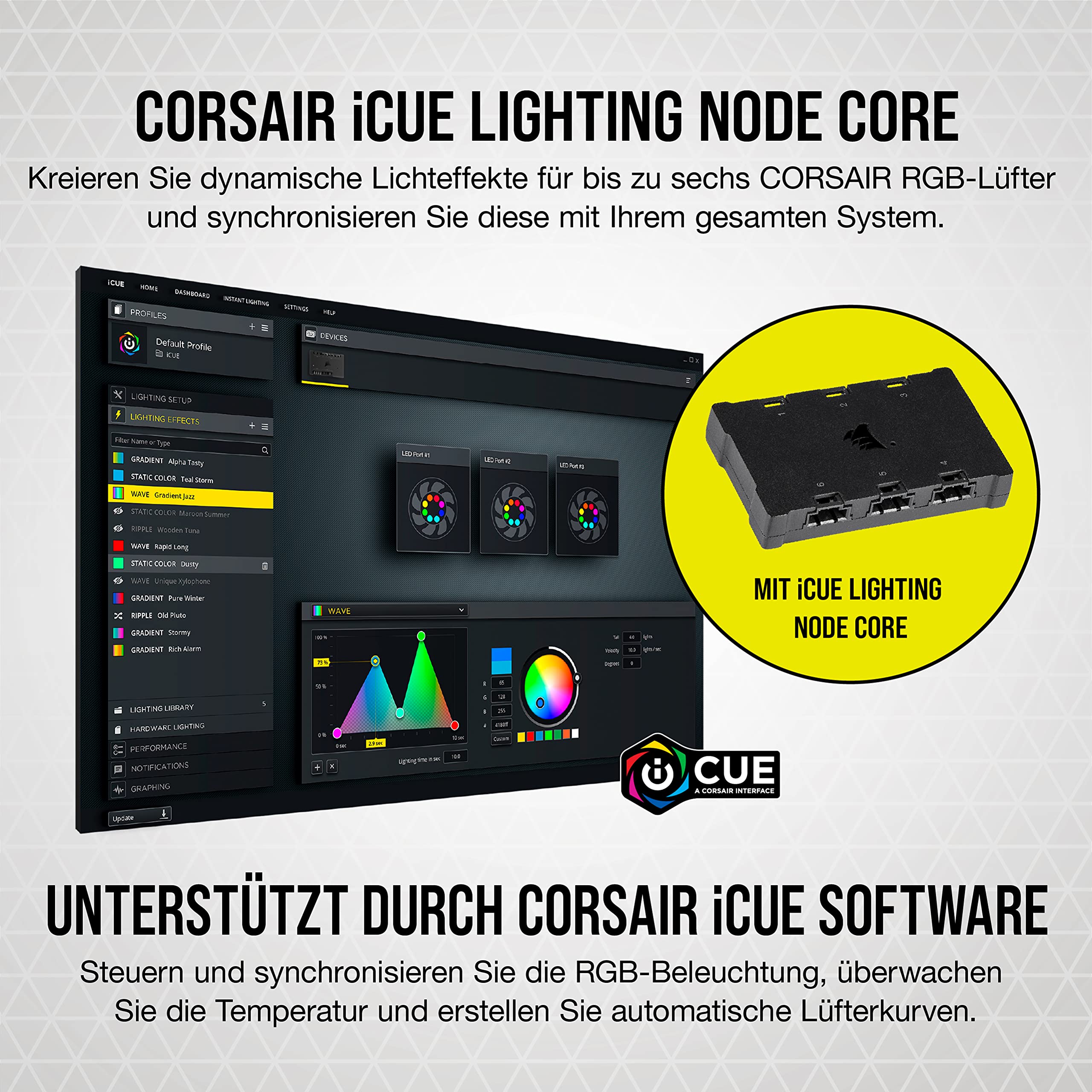 Corsair iCUE SP120 RGB ELITE Performance 120mm-PWM-Lüfter 3er-Pack mit iCUE Lighting Node CORE (CORSAIR AirGuide-Technologie, acht ansteuerbare RGB-LEDs, leise 18 dBA, bis zu 1.500 U/min) Weiß, 120 mm