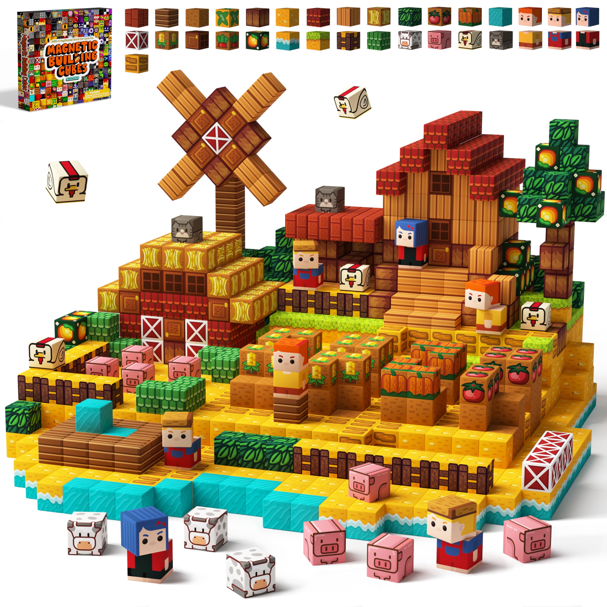 KIDCHEER 100 PCS Magnetic Blocks - Farm Play Sensory Learning Toy & Toddler Building Game Set for Kids Ages 3+