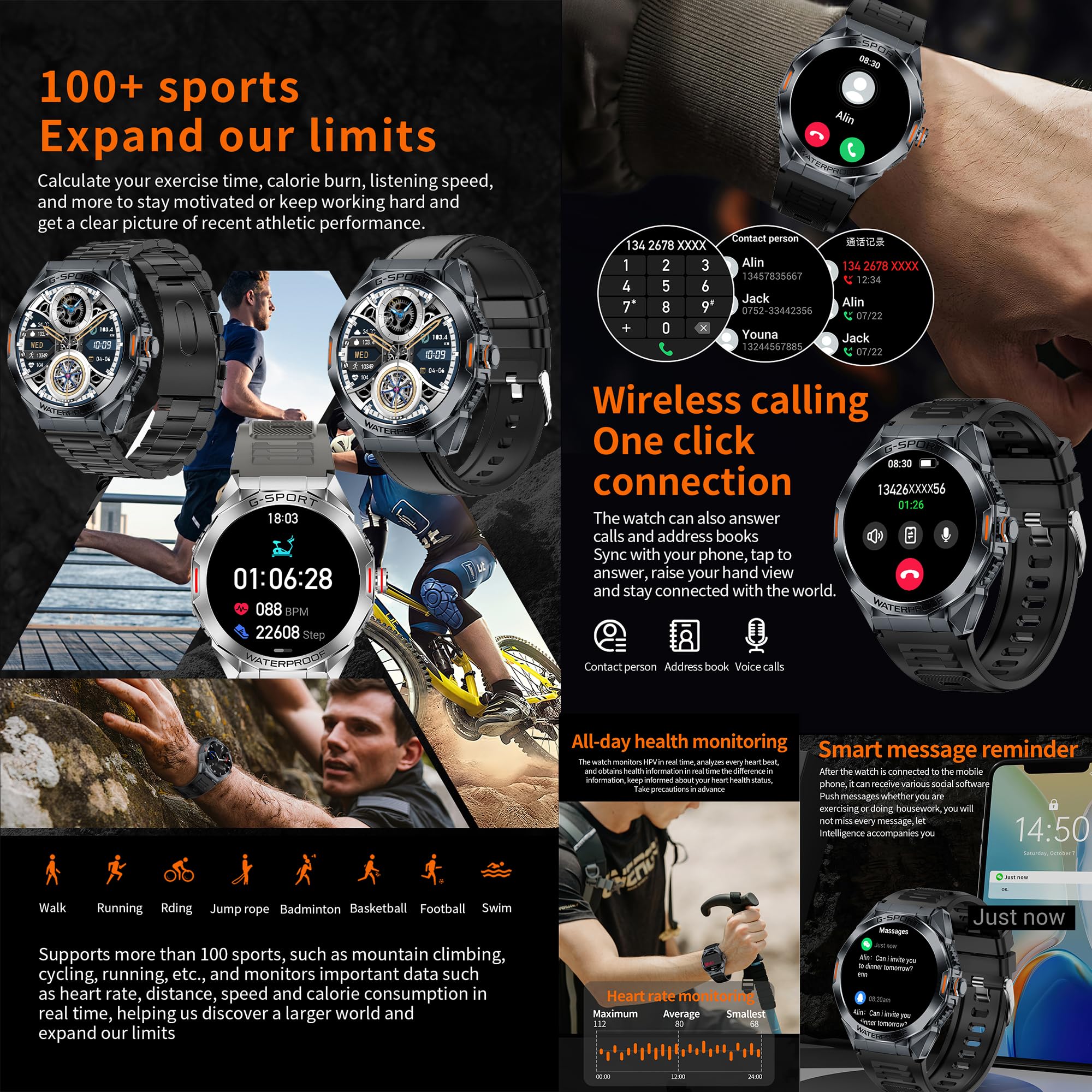 5ATM Montre Connectée Homme avec Appels Bluetooth, 1,46” AMOLED Smartwatch avec 123 Modes Sportifs/SpO2/Fréquence Cardiaque/Lecteur de Musique/Montre Intelligente Fitness pour Android iOS (Noir)