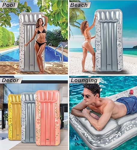 Miniatura 4 de POZA Colchón inflable gigante para piscina, tumbona grande y lujosa con confeti brillante, tapete de aire grueso de alta calidad, reposacabezas