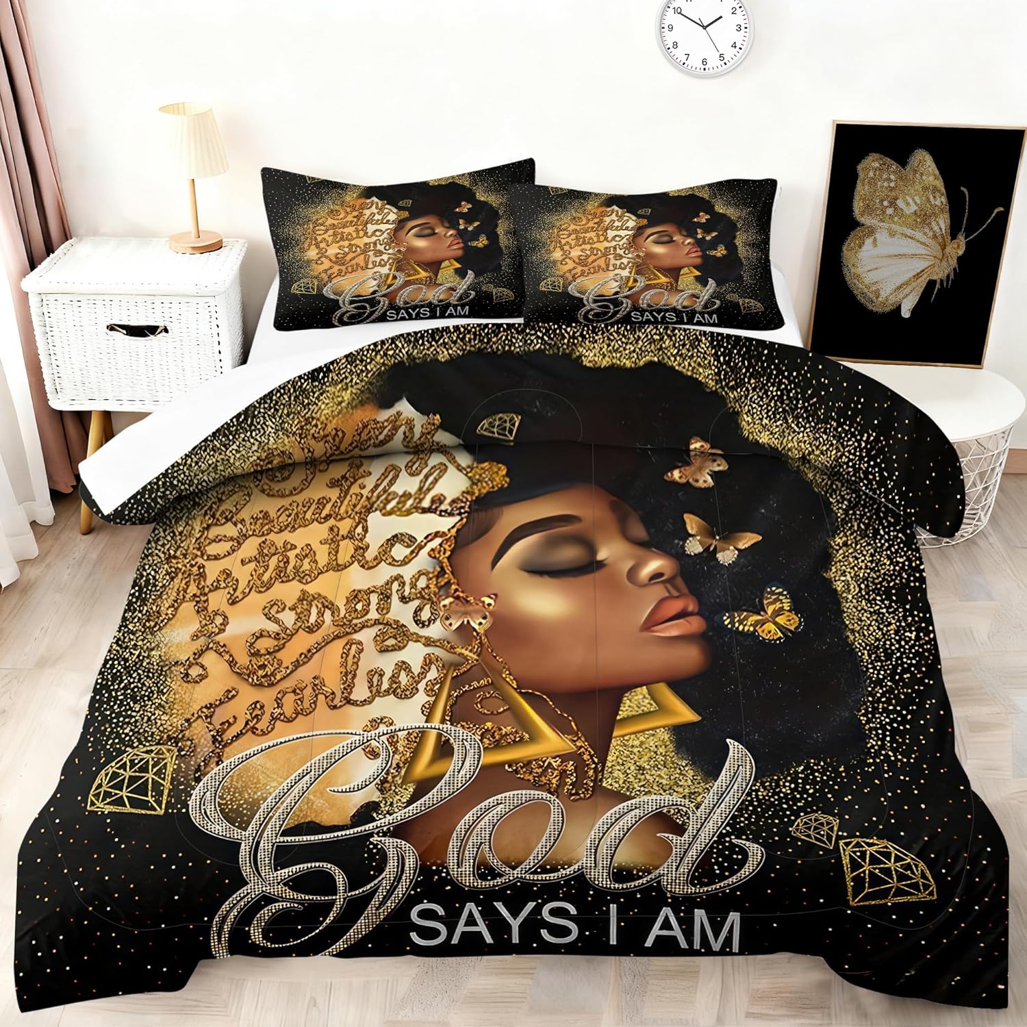 African American Comforter Set Queen Size for Women Girls Teens African Black Girl Bedding Set for All Season Butterfly and Diamond Printed Pattern Quilt Set with 1 Comforter + 2 Pillowcases