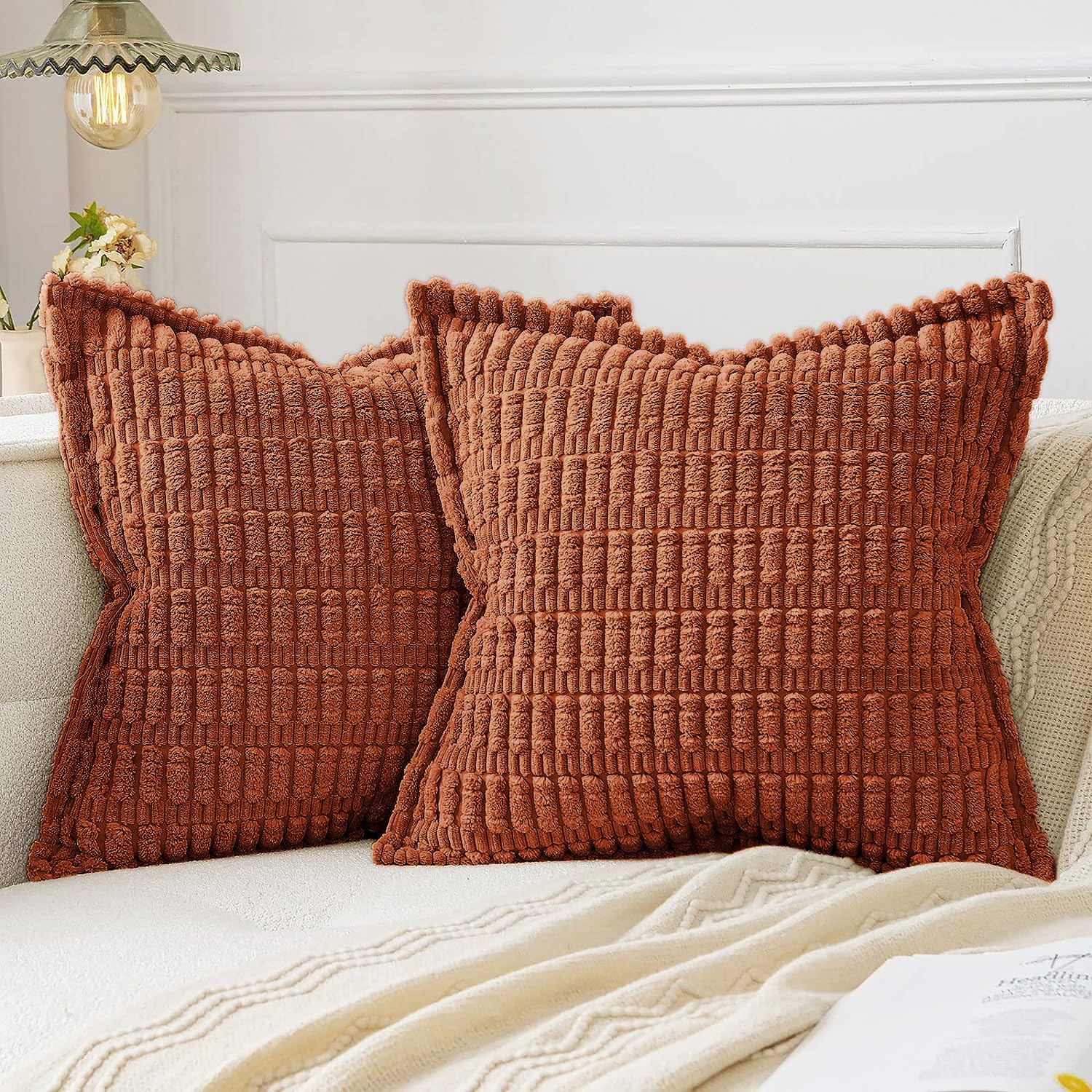 MIULEE Fall Rust Corduroy Decorative Throw Pillow Covers Pack of 2 Soft Striped Pillows Pillowcases with Broad Edge Winter Modern Boho Home Decor for Couch Sofa Bed 18x18 Inch