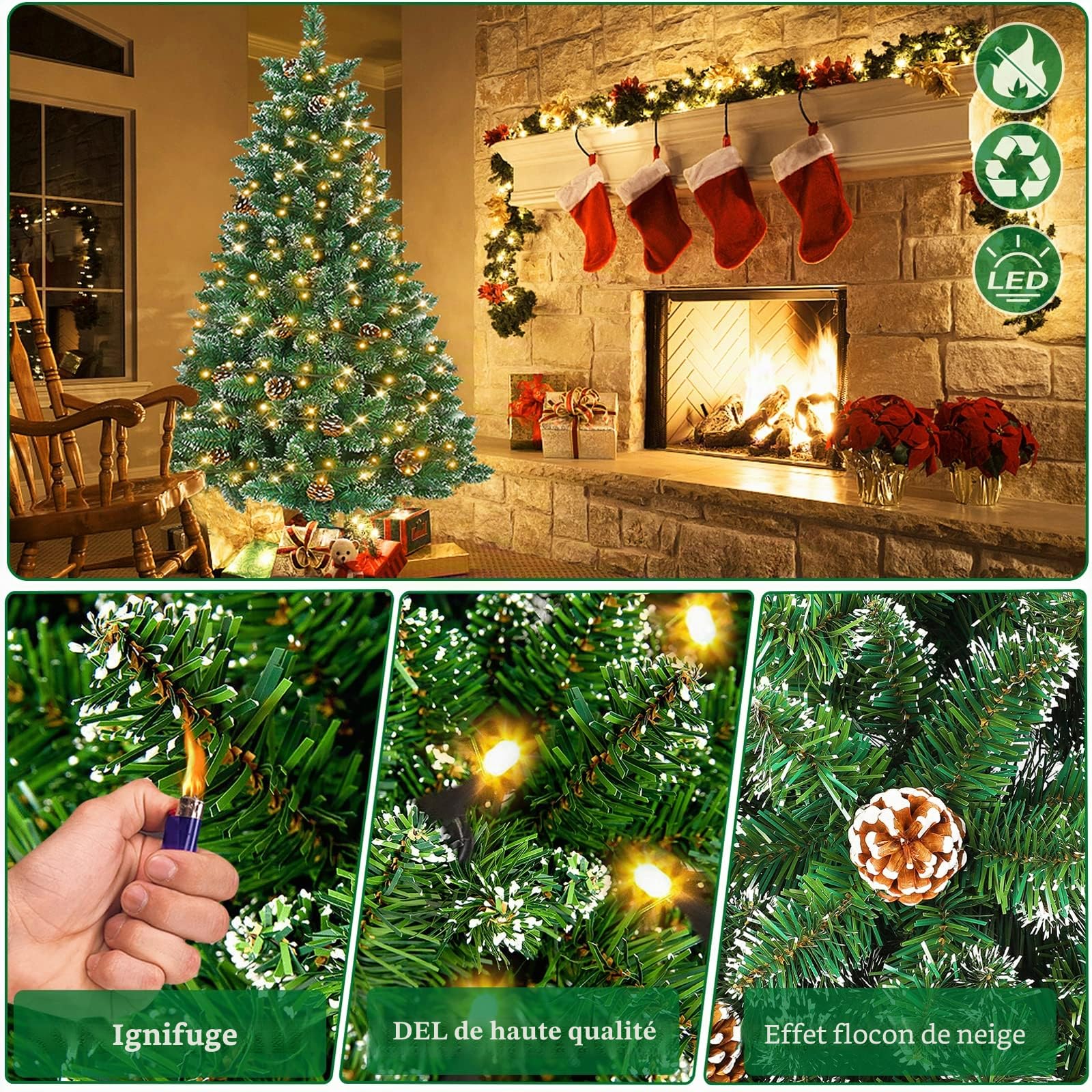 LILIIN Sapin de Noël artificiel avec éclairage - 150 cm - Blanc et vert - Effet neige + pommes de pin - En PVC - Avec support (1,5 m, avec éclairage)