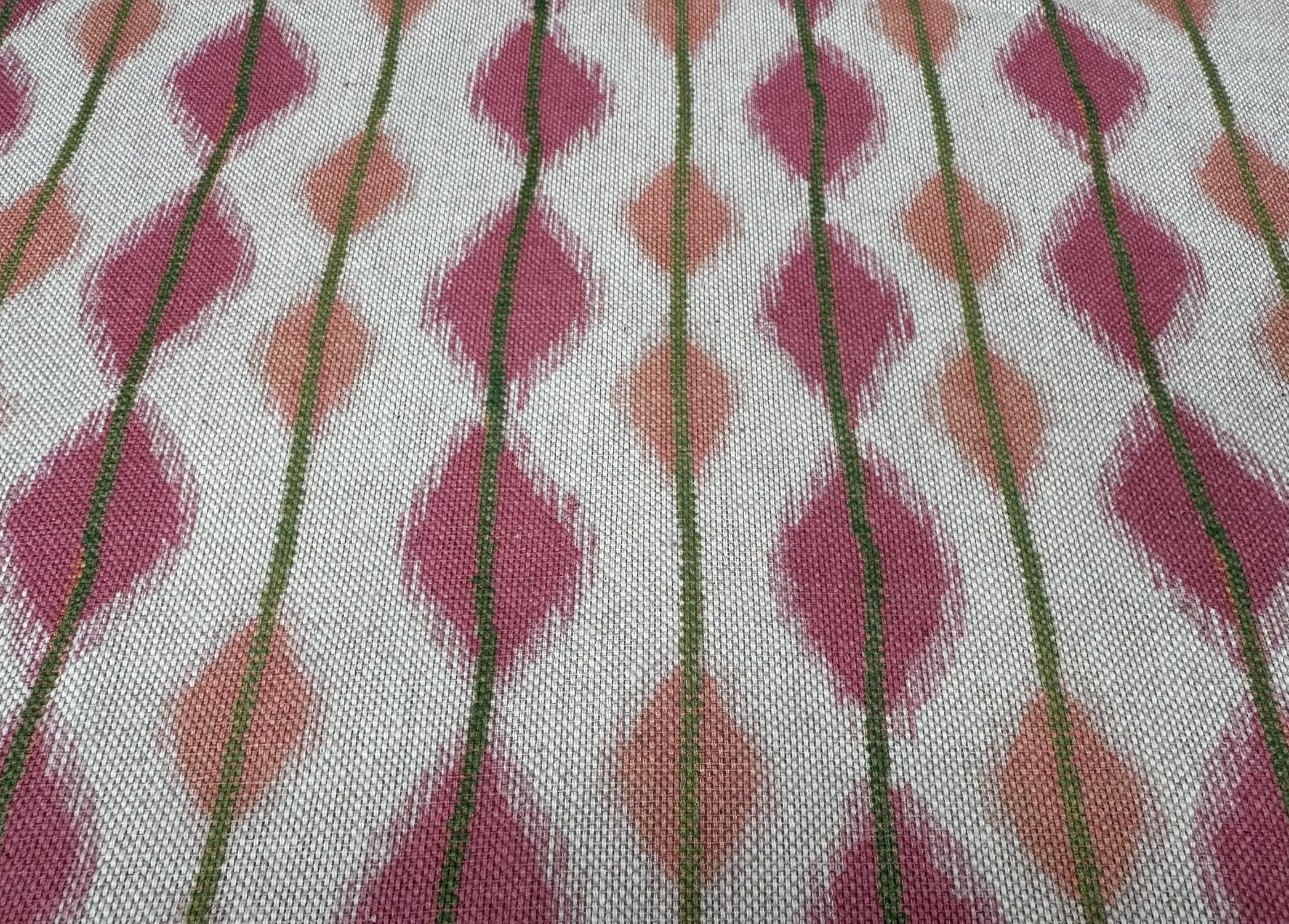 Cojín para tapicería de tela Ikat de mezcla de lino y algodón, color rosa y verde, 284 cm, extra ancho, se vende por metros