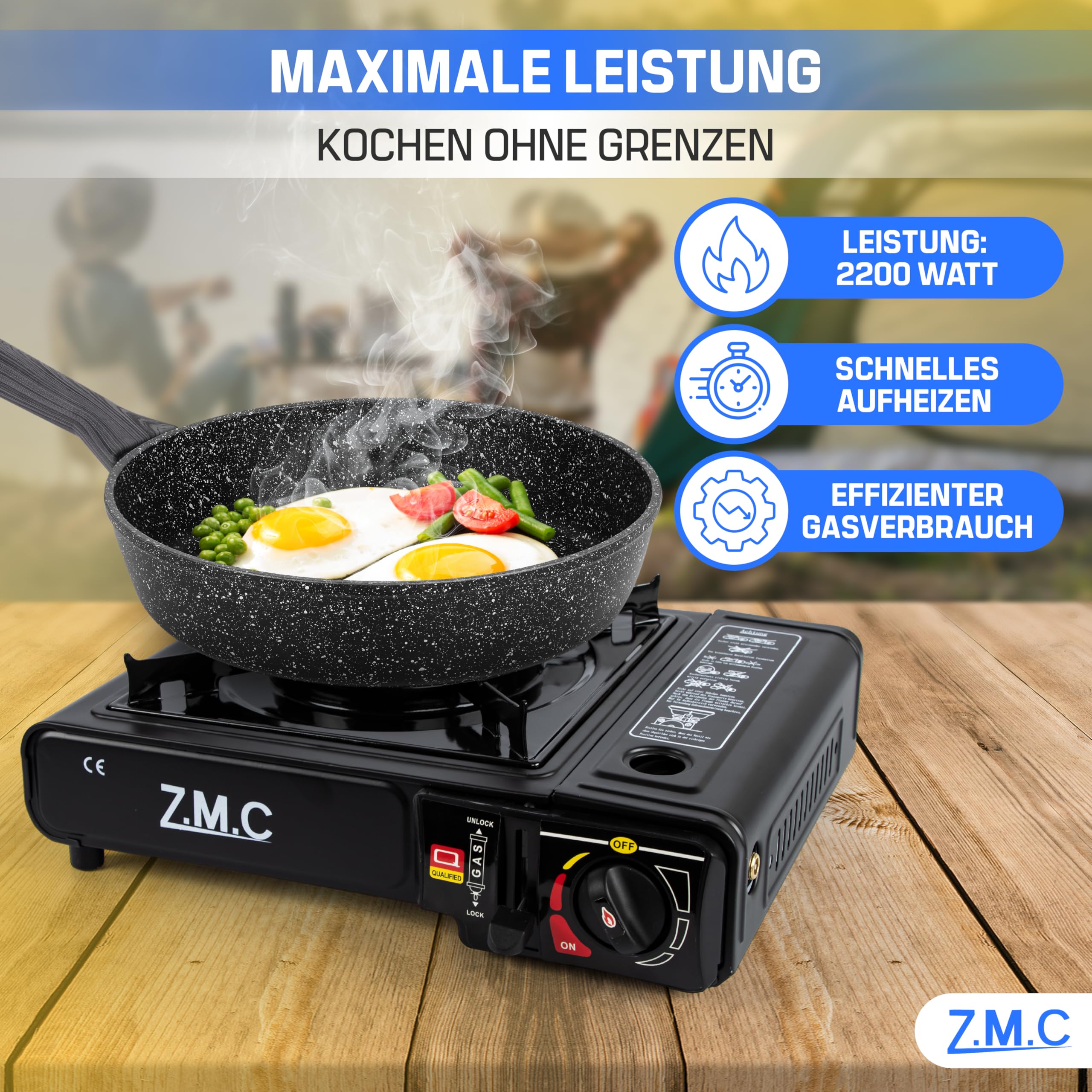 Z.M.C Gaskocher 1-flammig 2,2 kW | Campingkocher mit Piezo-Zündung, Transportkoffer & LPG-Adapter | Optional mit Gaskartuschen 227g & Grillplatte | für Camping, Outdoor & Notfall