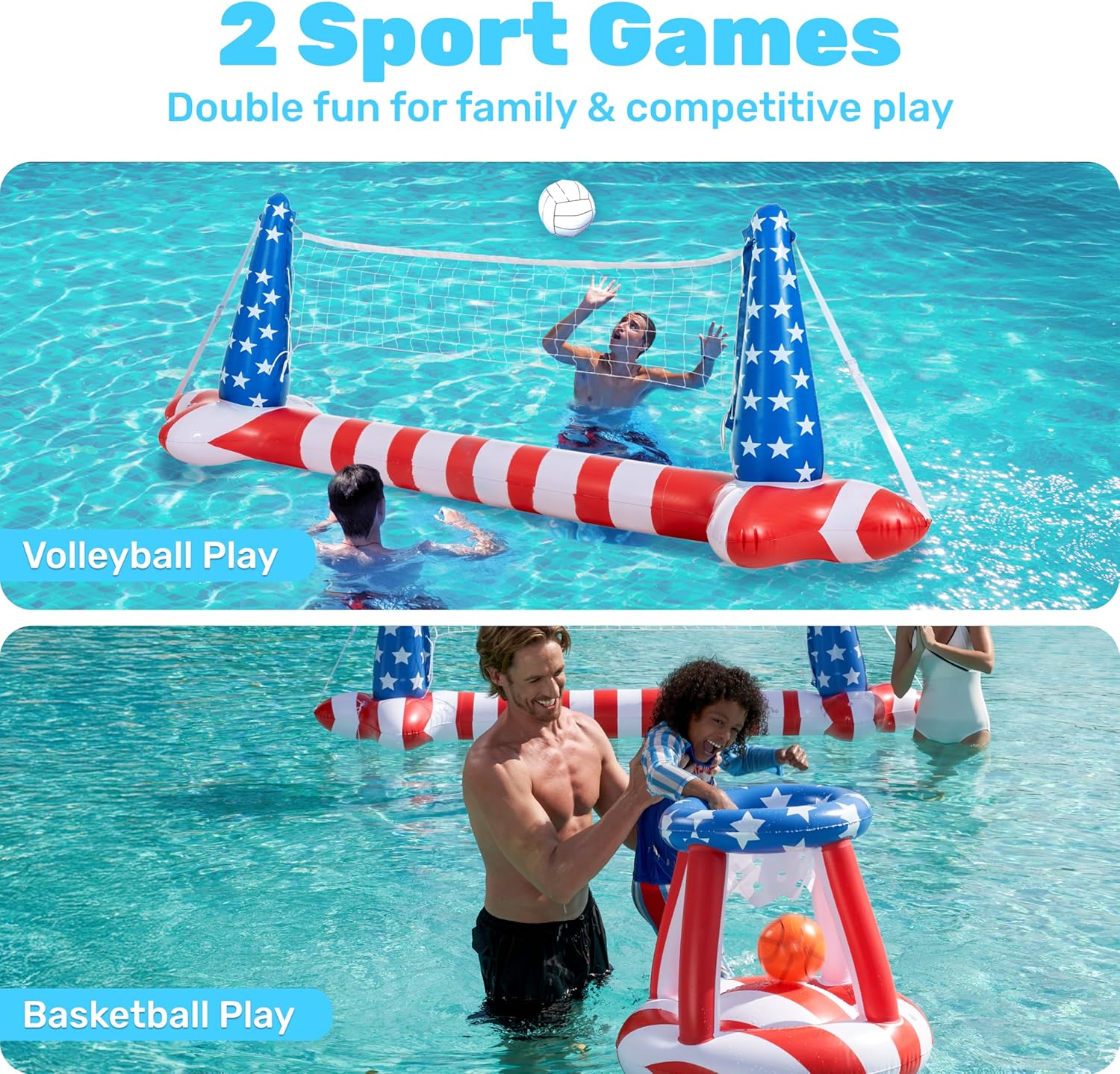 Inflatable Pool Floats Set American Flag Volleyball Net & Basketball Hoops, Swimming Pool Game Toy for Kids and Adults, Floating, Volleyball Court (105”x35”)|Basketball (27”x23”), Red White