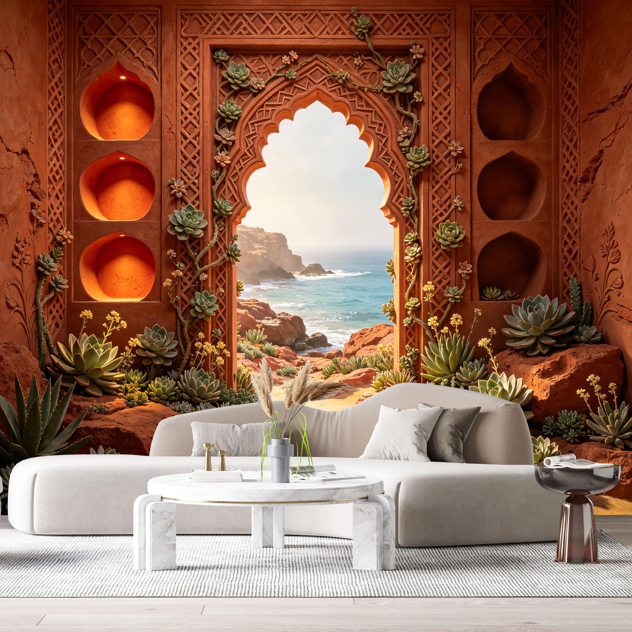 Custom Size Wall Murals Coastal Landscape Ocean Agave 3D Trompe L'Oeil SelfAdhesiveWall Fabric Removable Wallpaper Wall Decor for Living Room Bedroom Bathroom